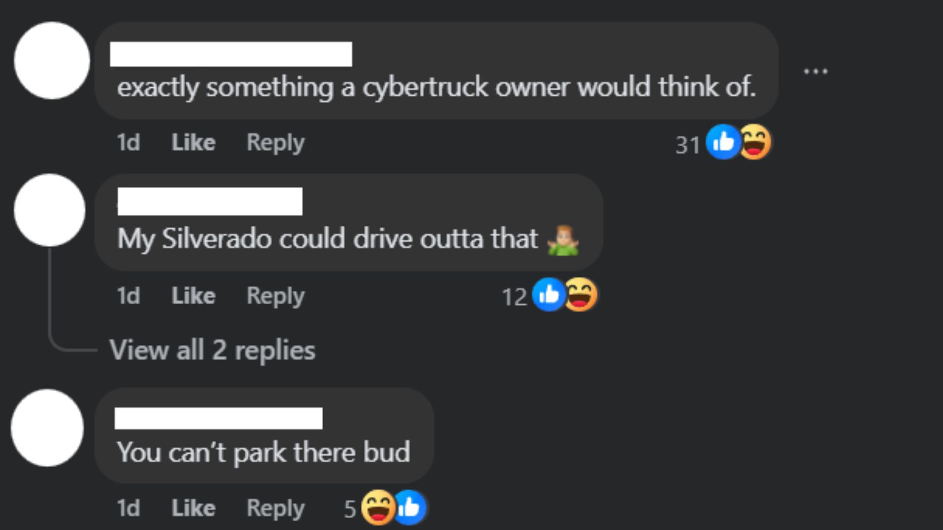 Screenshot of social media comments joking about a submerged Tesla Cybertruck.