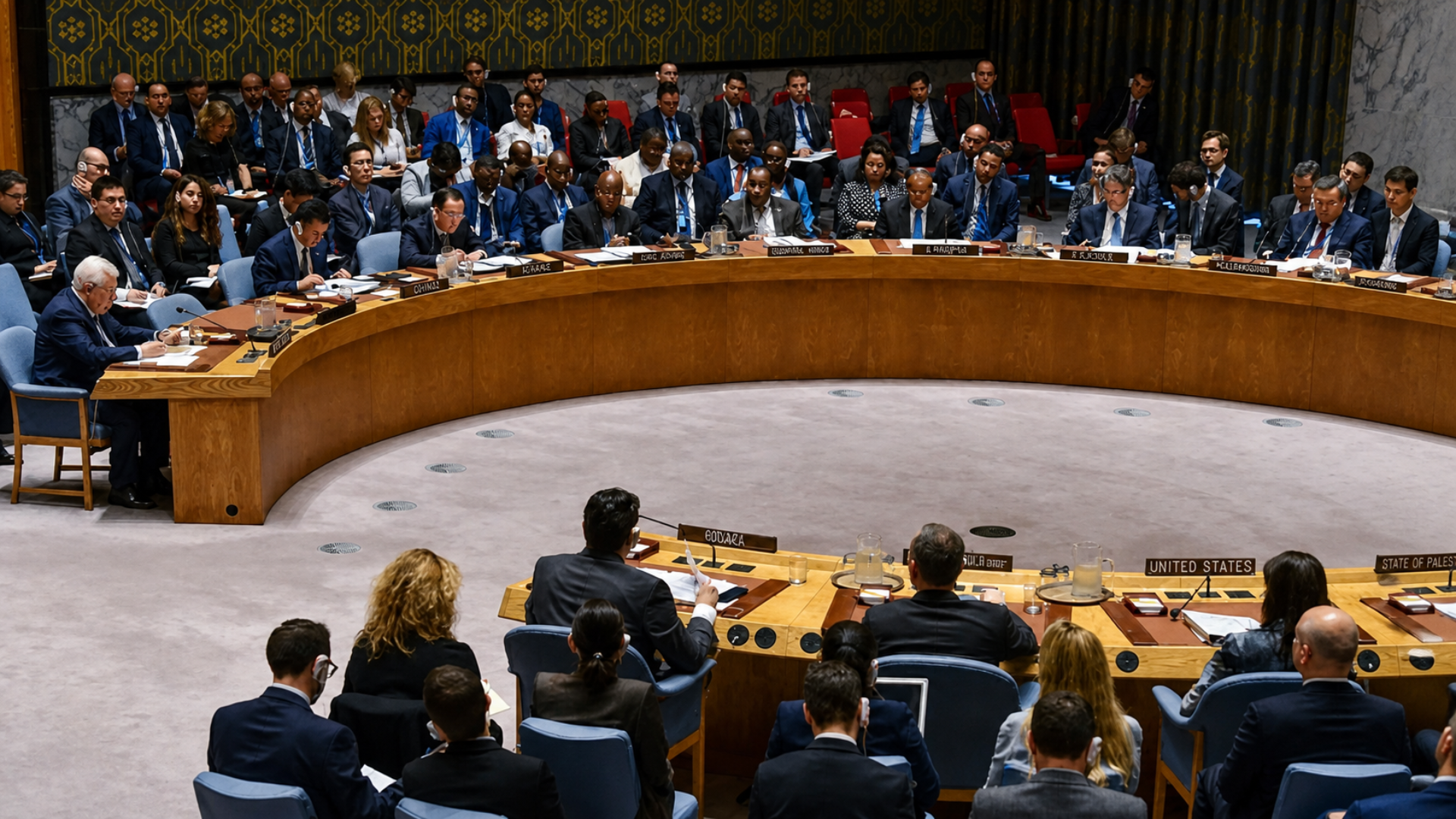 United Nations Security Council members meeting around a circular table during a session.