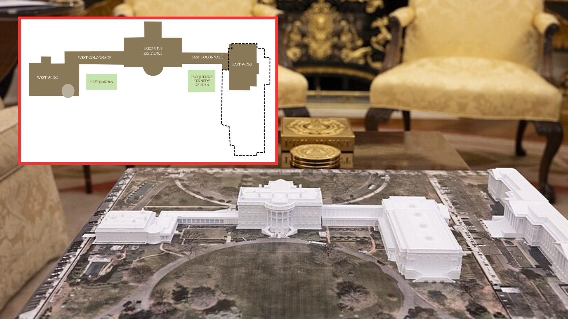 A 3D ballroom interior concept image paired with the exterior of the White House.