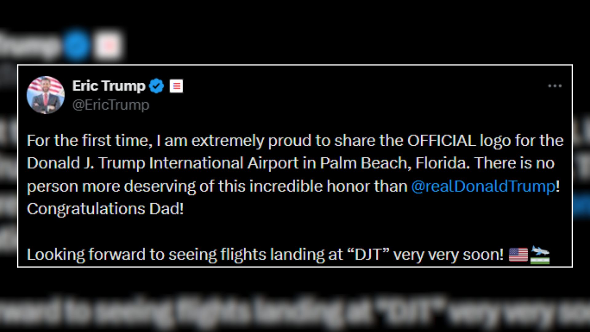Screenshot of Eric Trump post on X about a proposed Donald Trump airport name.