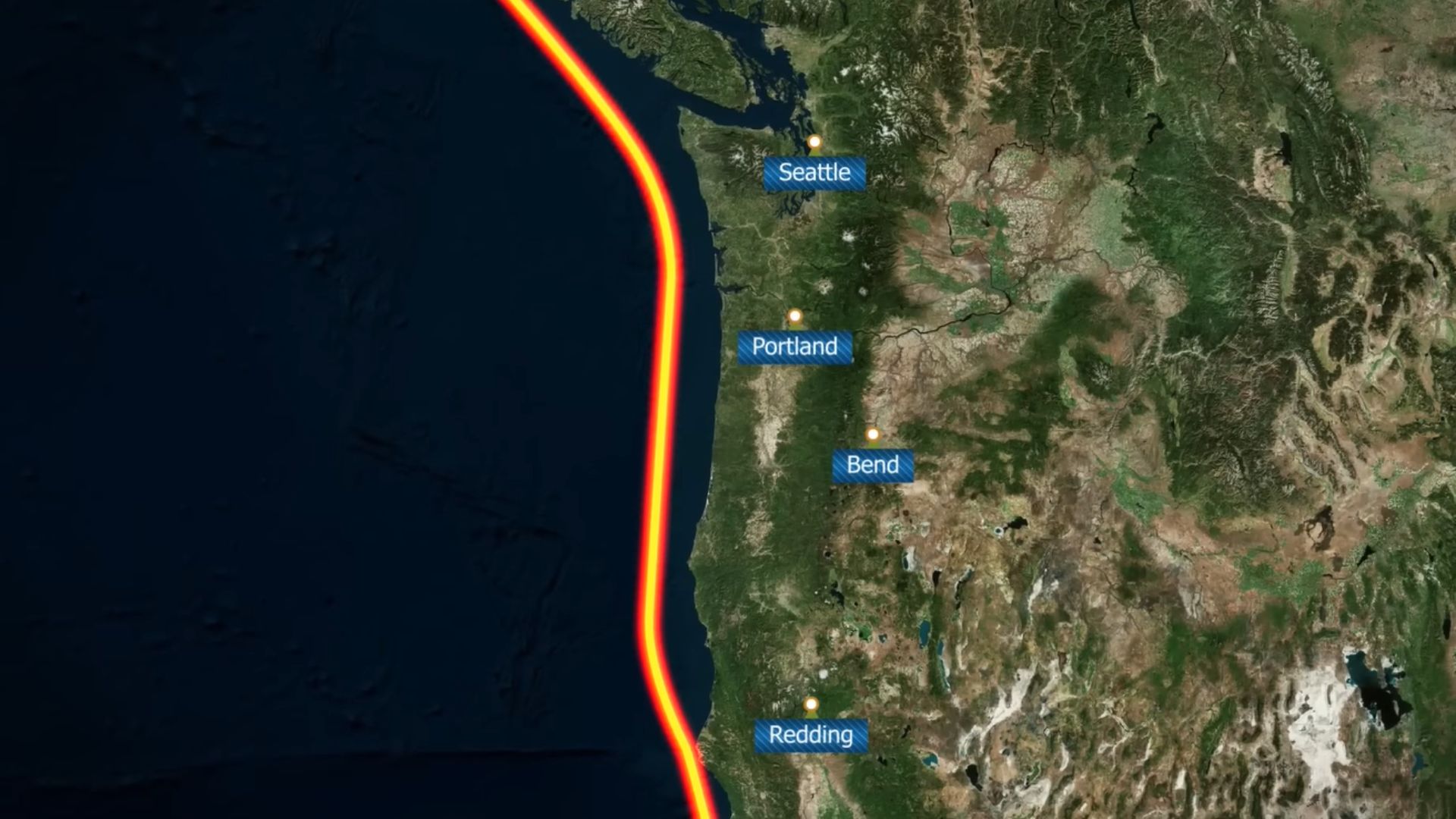 Map showing the Cascadia Subduction Zone running offshore near major West Coast cities including Seattle and Portland.