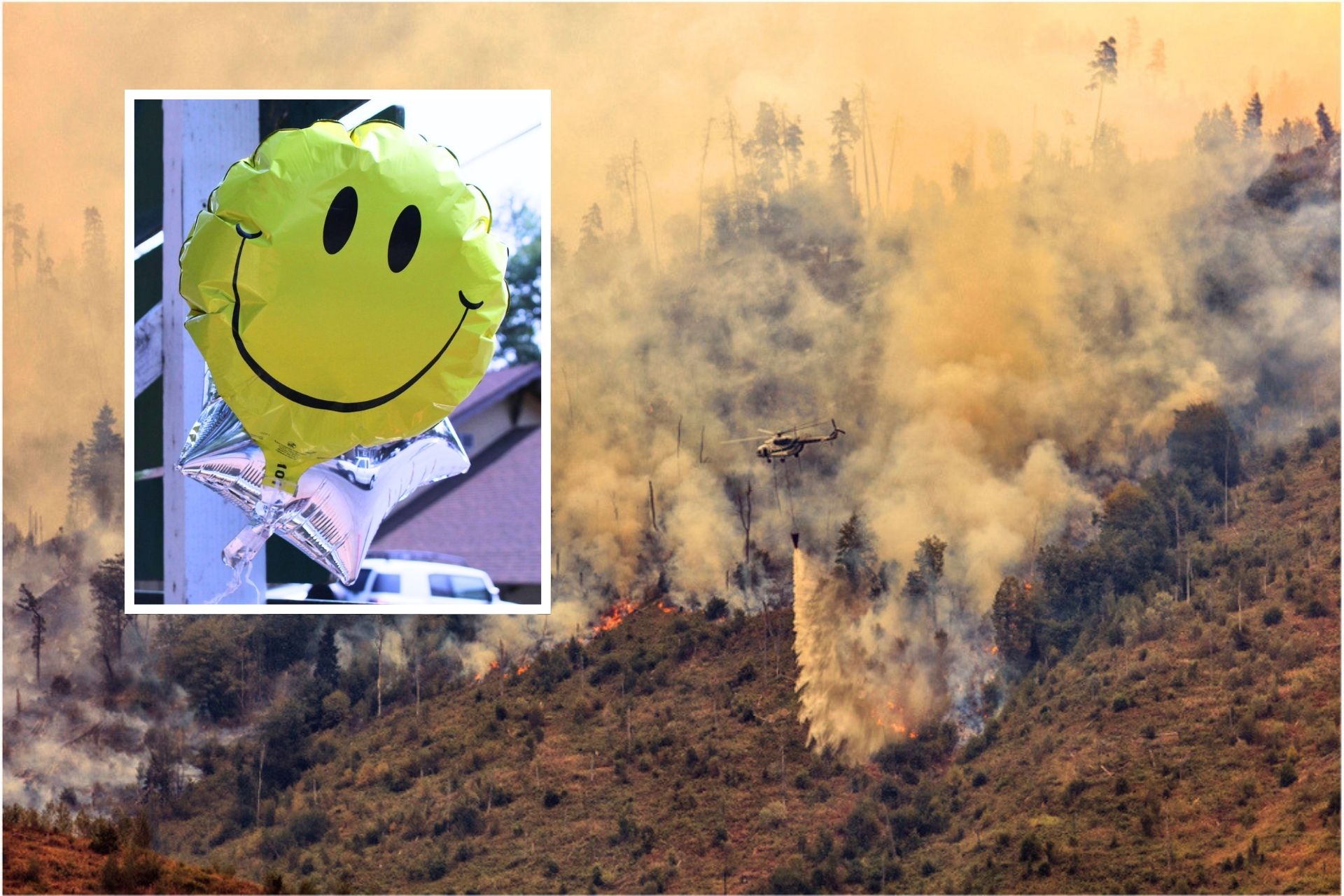 Inset of smiley-face balloon overlaid on scene of helicopter dropping water on a wildfire burning through a forested area in Georgia.