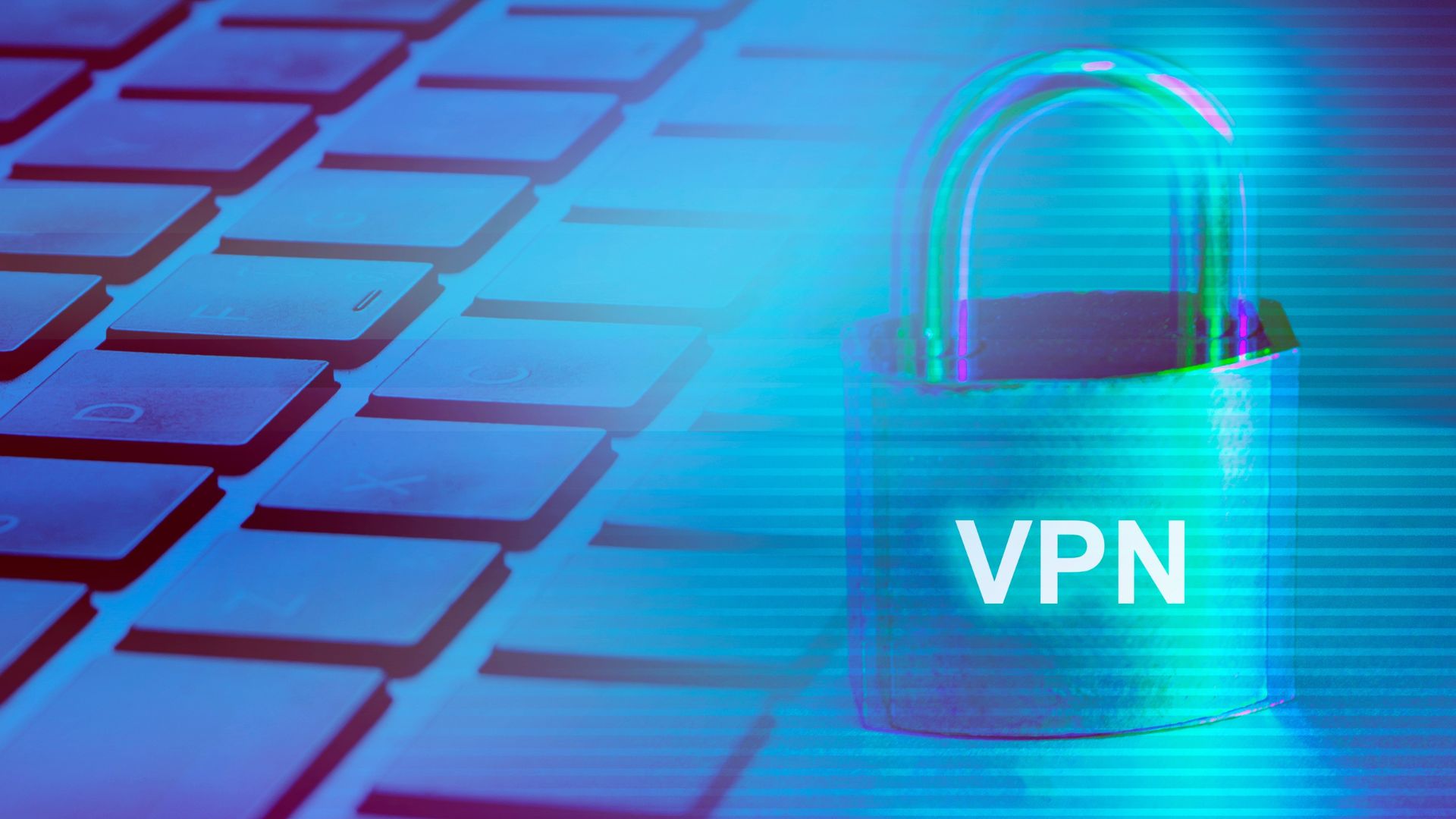 Glowing VPN padlock resting on a blue lit keyboard.
