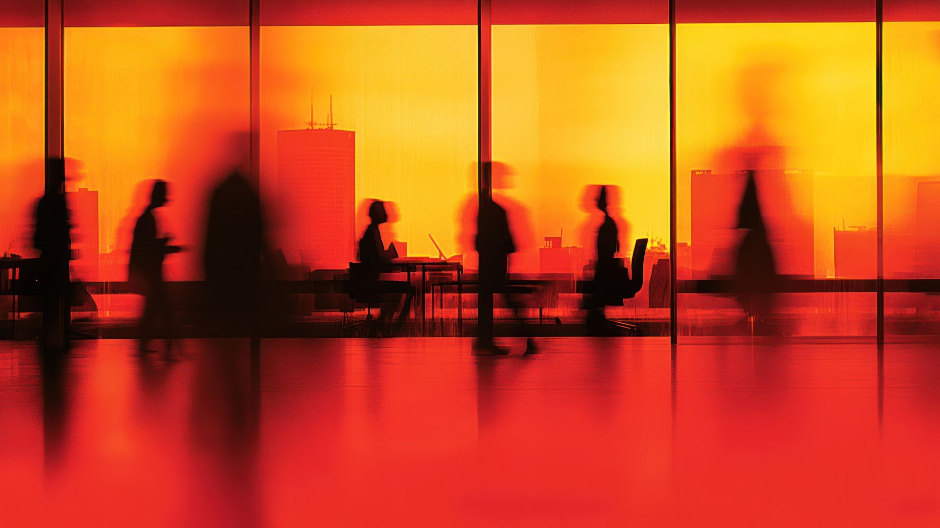 blurred silhouettes of office workers against a glowing red and orange cityscape.