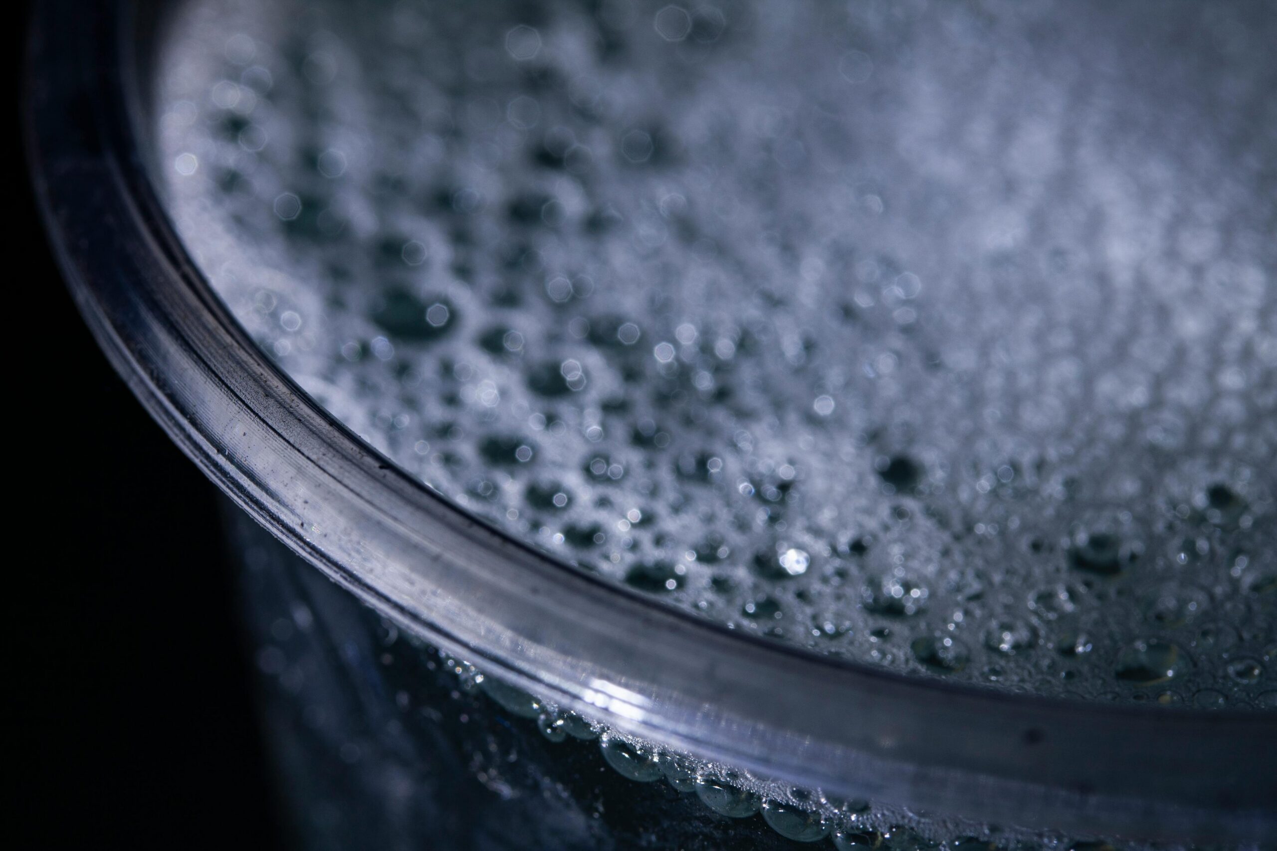 Close-up macro image of a bubbling liquid inside a laboratory container.