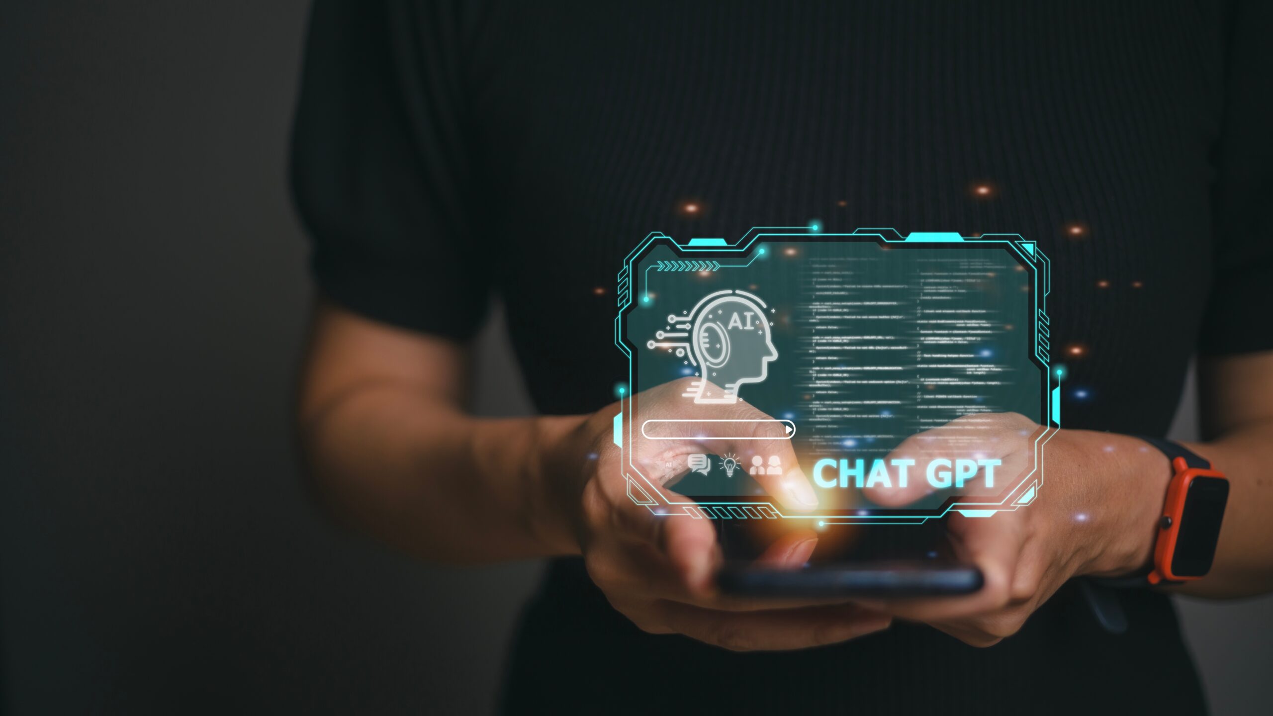 Arms of a person typing on a smartphone and using AI.