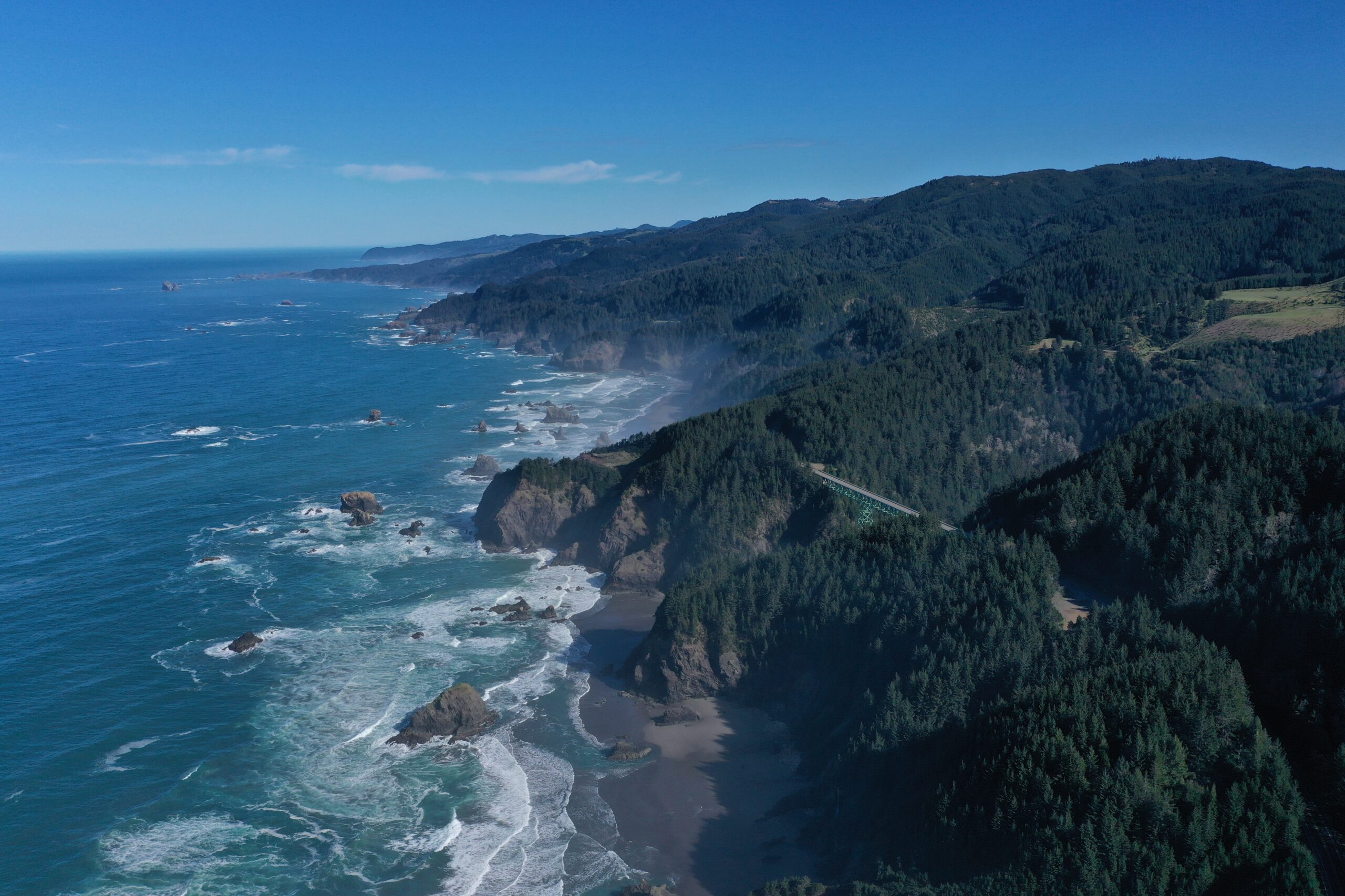 Aerial view of the rugged Pacific Northwest coastline along the Cascadia Subduction Zone, where scientists warn a massive earthquake could strike in the future.