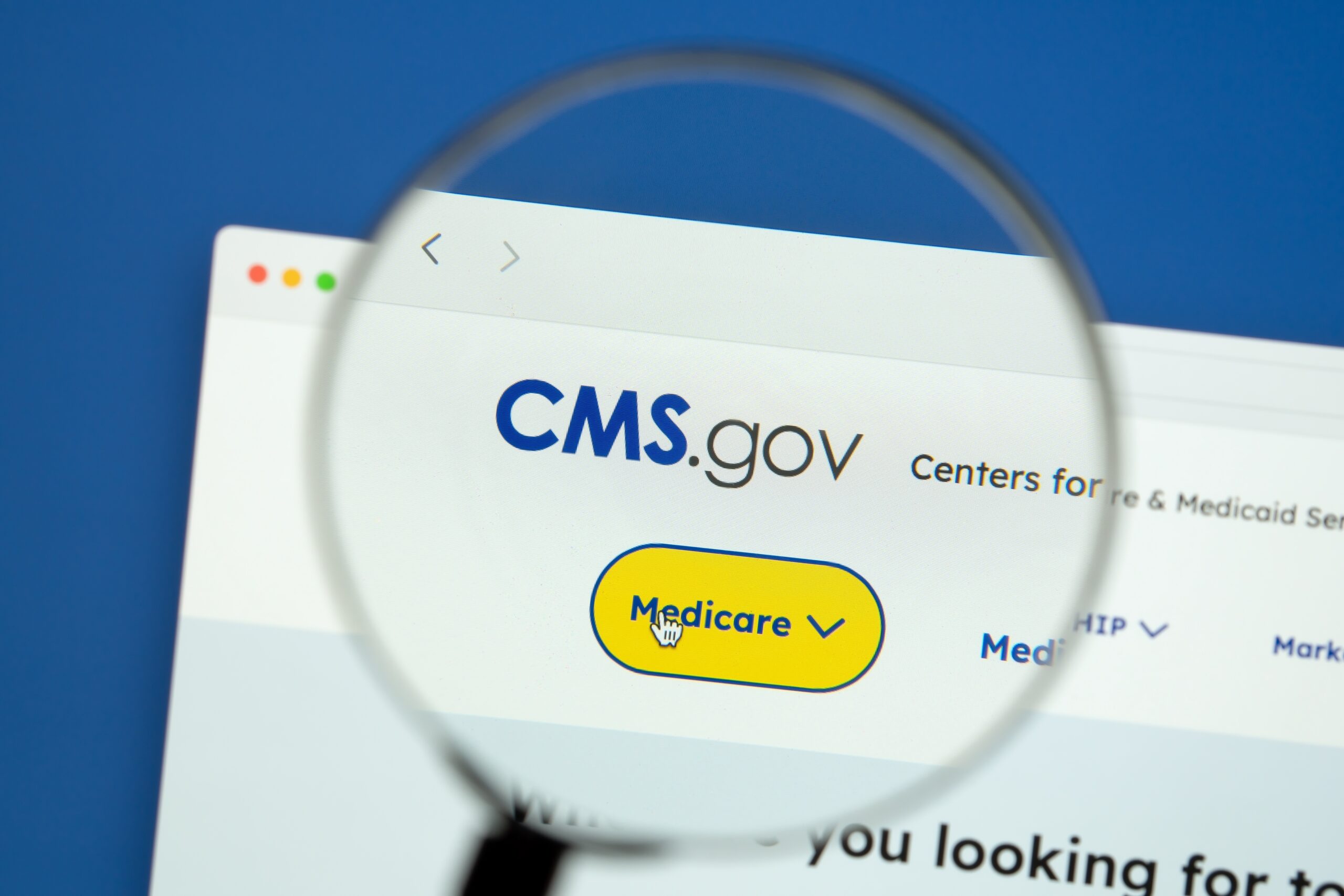 Magnified view of the CMS.gov Medicare webpage displayed on a computer screen.