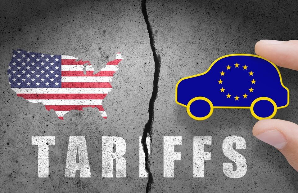 Graphic showing U.S.-EU trade tensions over tariffs and auto imports.