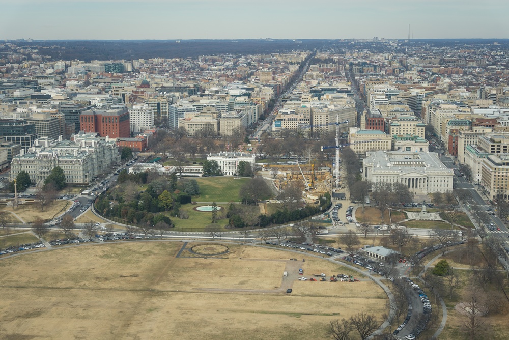 Washington, DC, USA, January 23, 2026, As seen from the Washington Monument, demolition of the White House East Wing and allegedly the top-secret Presidential Emergency Operations Center, or PEOC, is continuing, and the ballroom is to be built at this site.