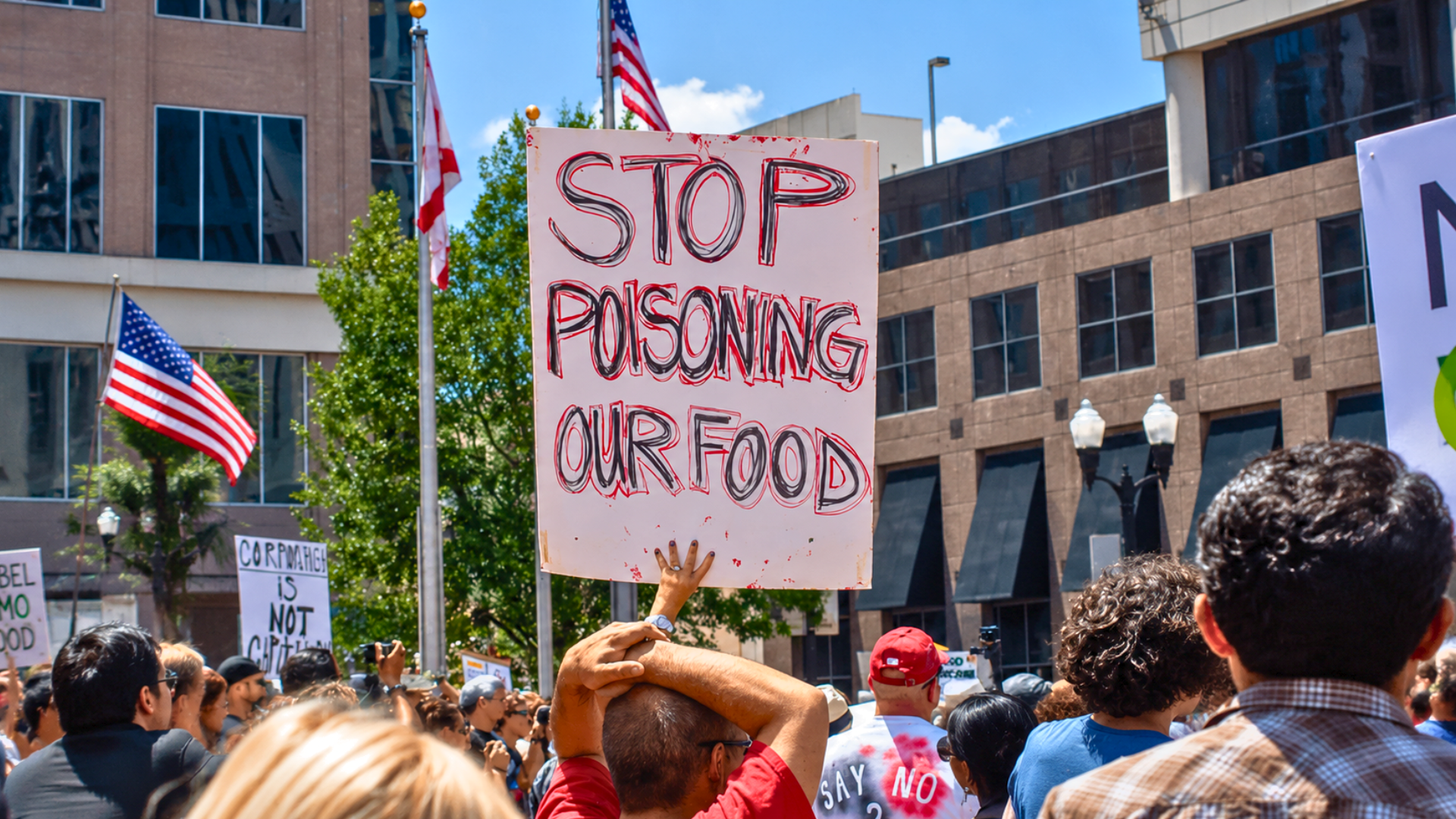 Protesters holding a sign that reads
