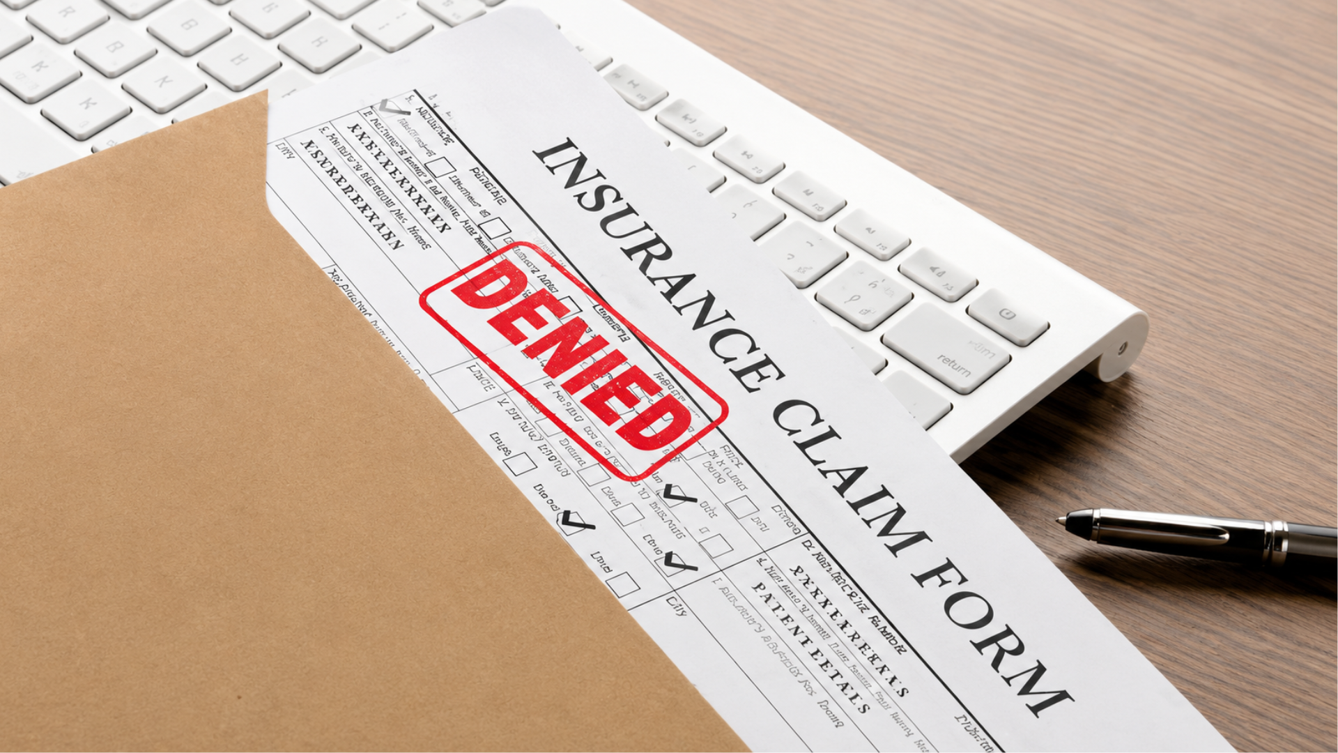 Insurance claim form stamped denied beside a keyboard and envelope.