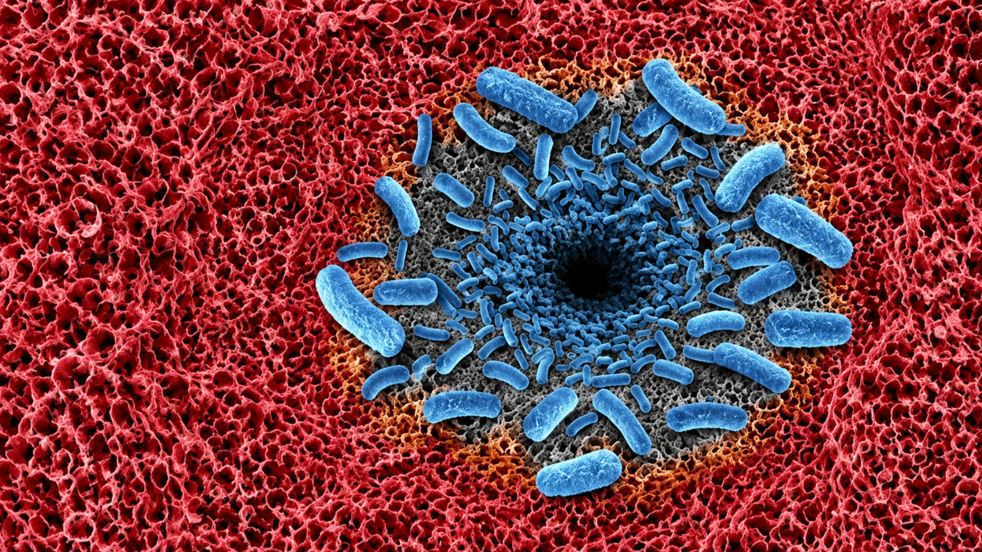 A colorful microscopic view of blue rod-shaped bacteria clustered around a dark opening on a porous red surface.