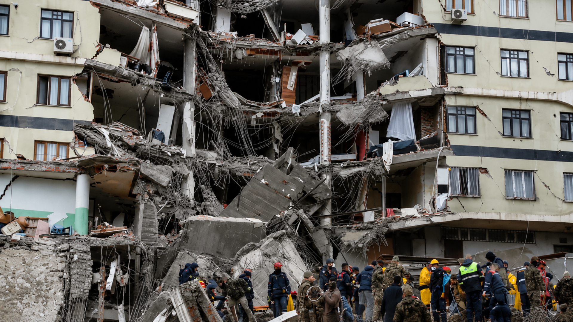 Rescue crews working outside a heavily damaged apartment building after a collapse.