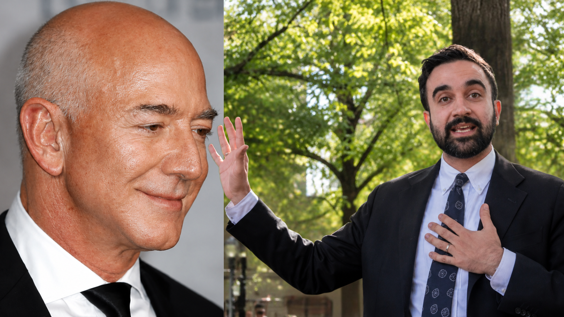 A split-screen view showing a close-up of Jeff Bezos on the left and Zohran Mamdani gesturing with his hand on the right.