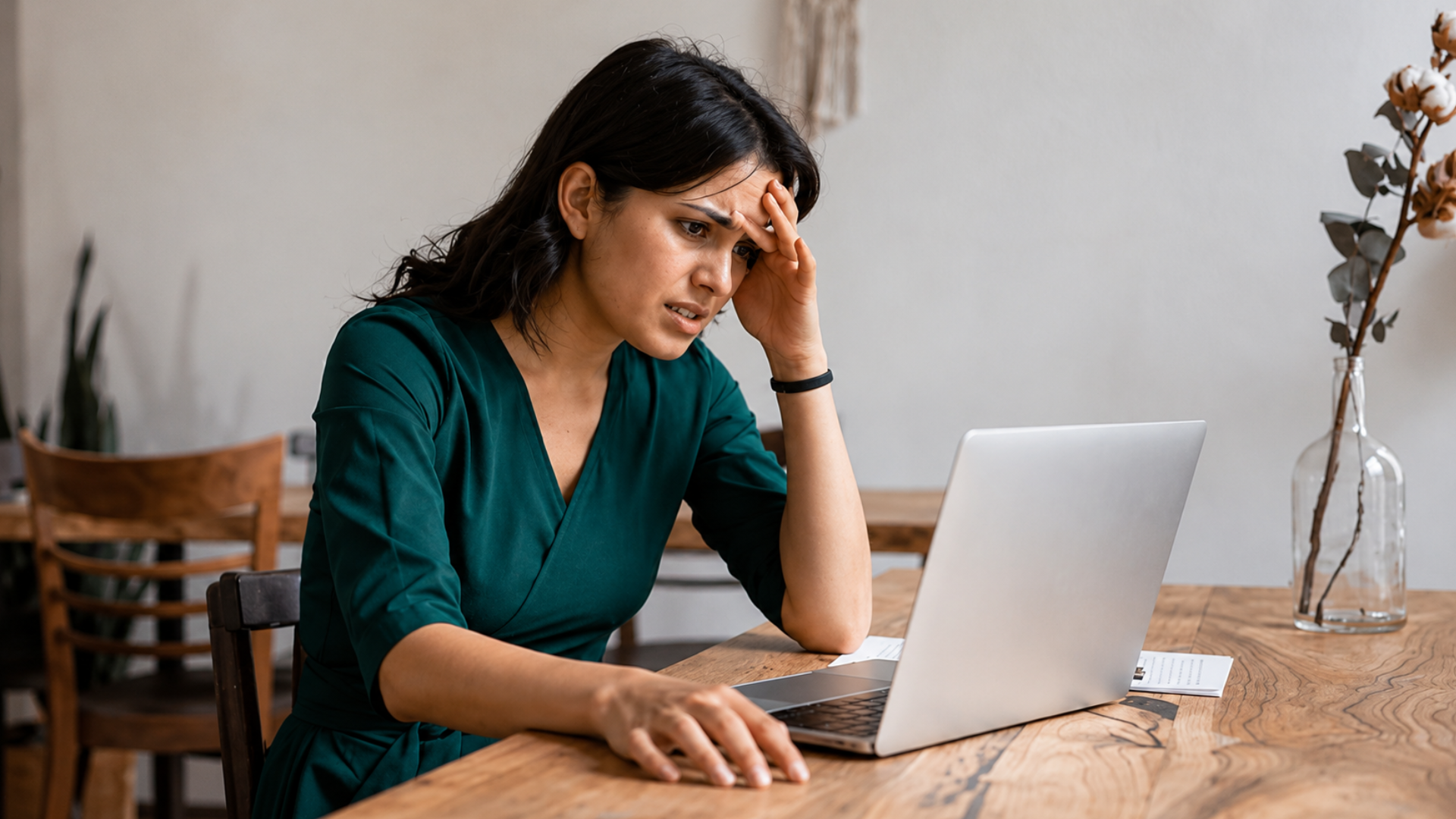 Woman holding her head while looking at a laptop at a table.