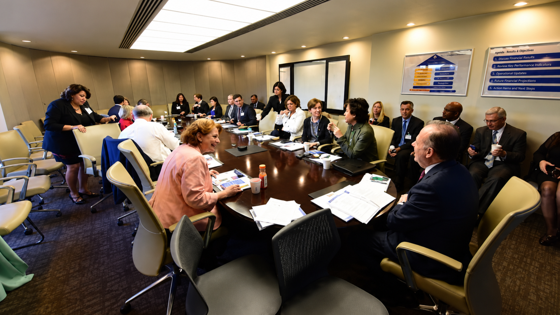 Business professionals attending a meeting around a large boardroom table.