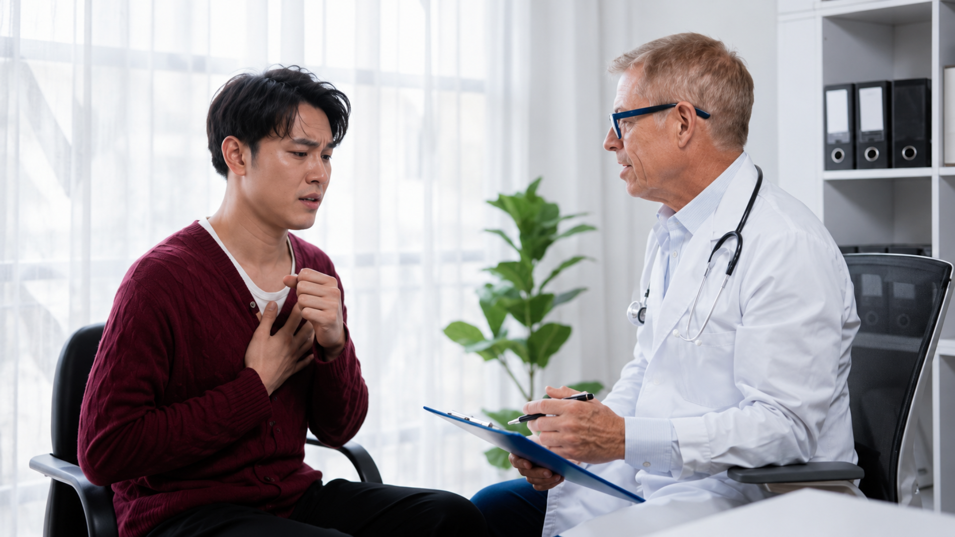 Doctor speaking with a patient holding his chest during a consultation.