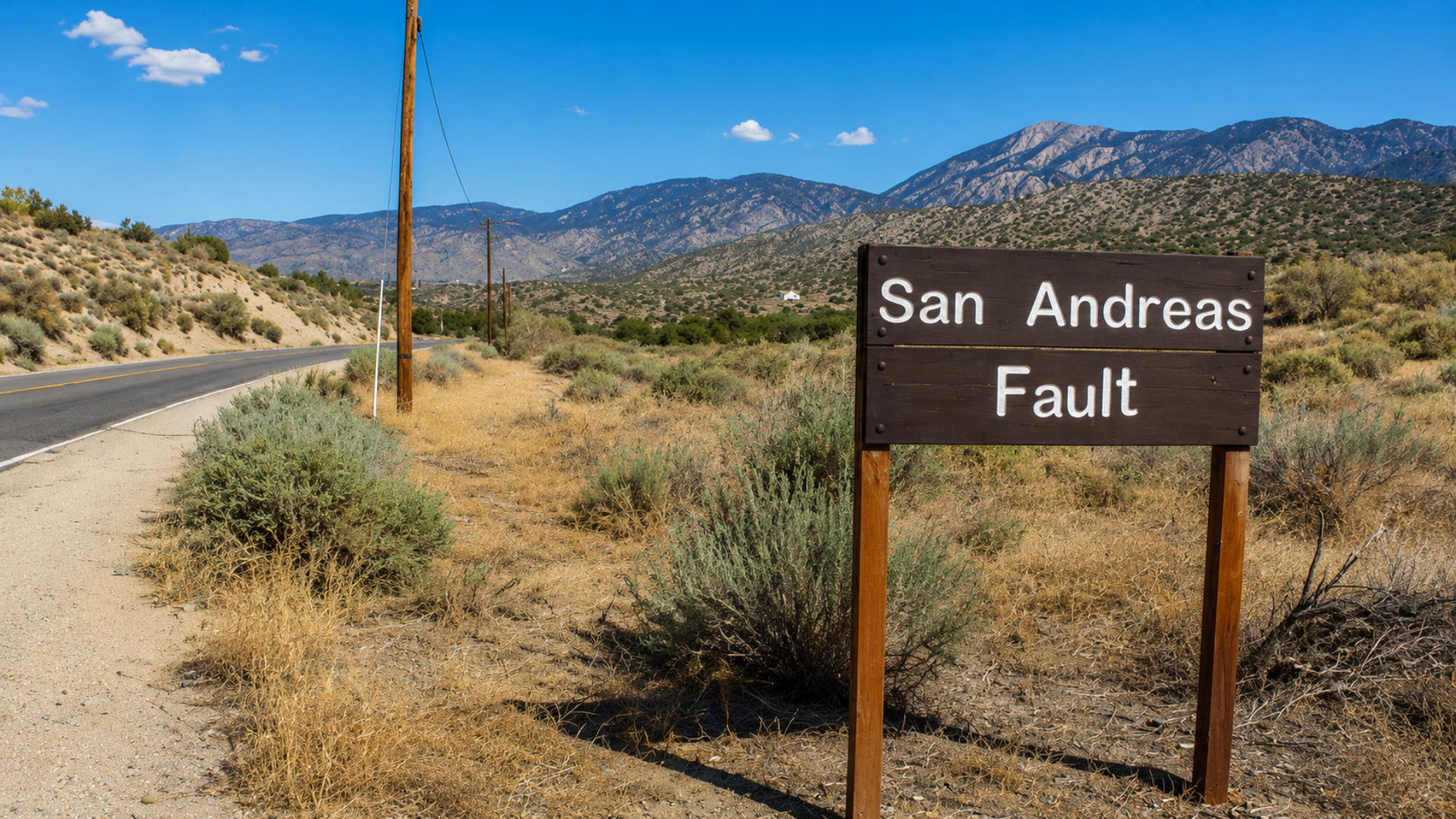San Andreas Fault sign beside a desert road with mountains in the background.