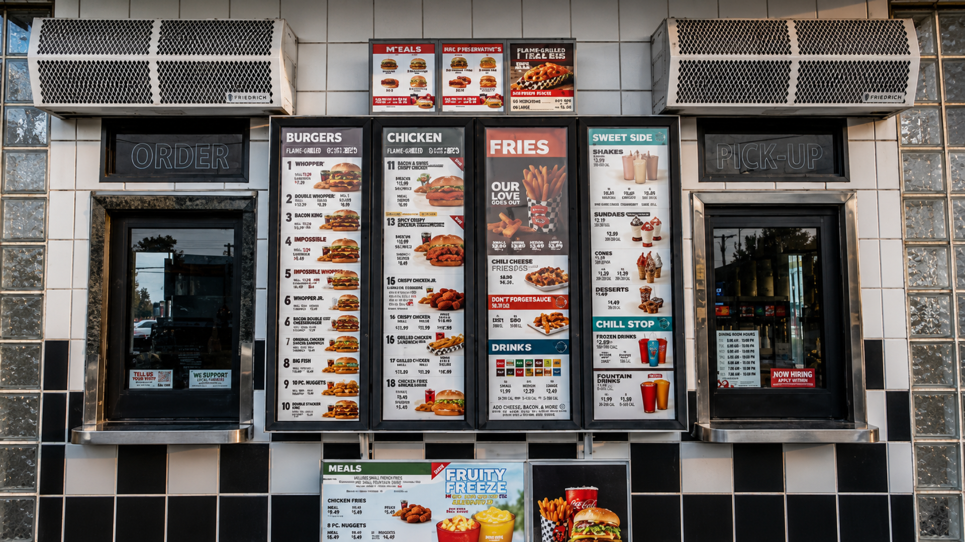 A close-up view of a Burger King walk-up or drive-thru menu board situated between order and pick-up windows.
