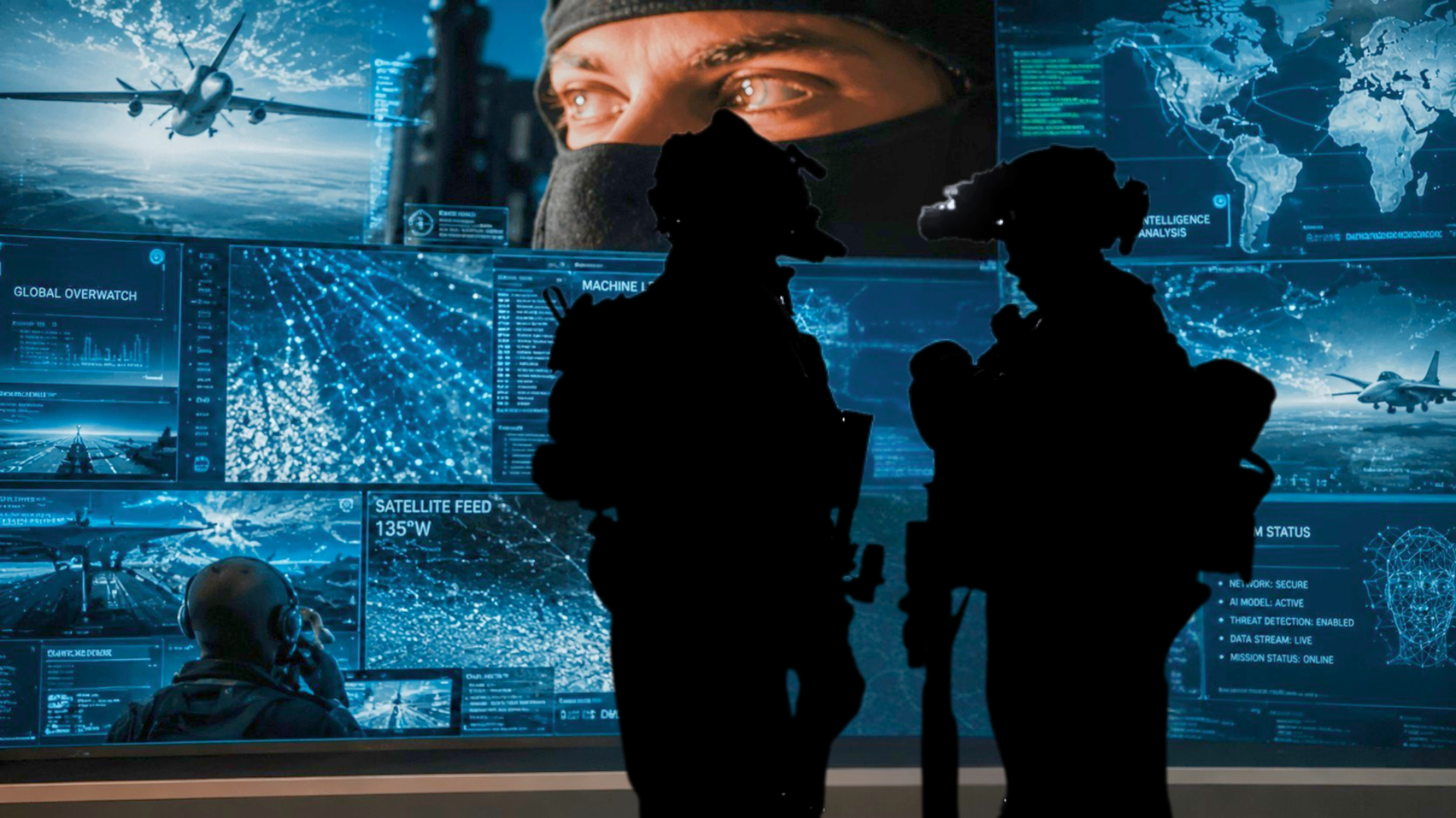 Silhouetted soldiers standing in front of a high-tech tactical control center screen displaying data and maps.