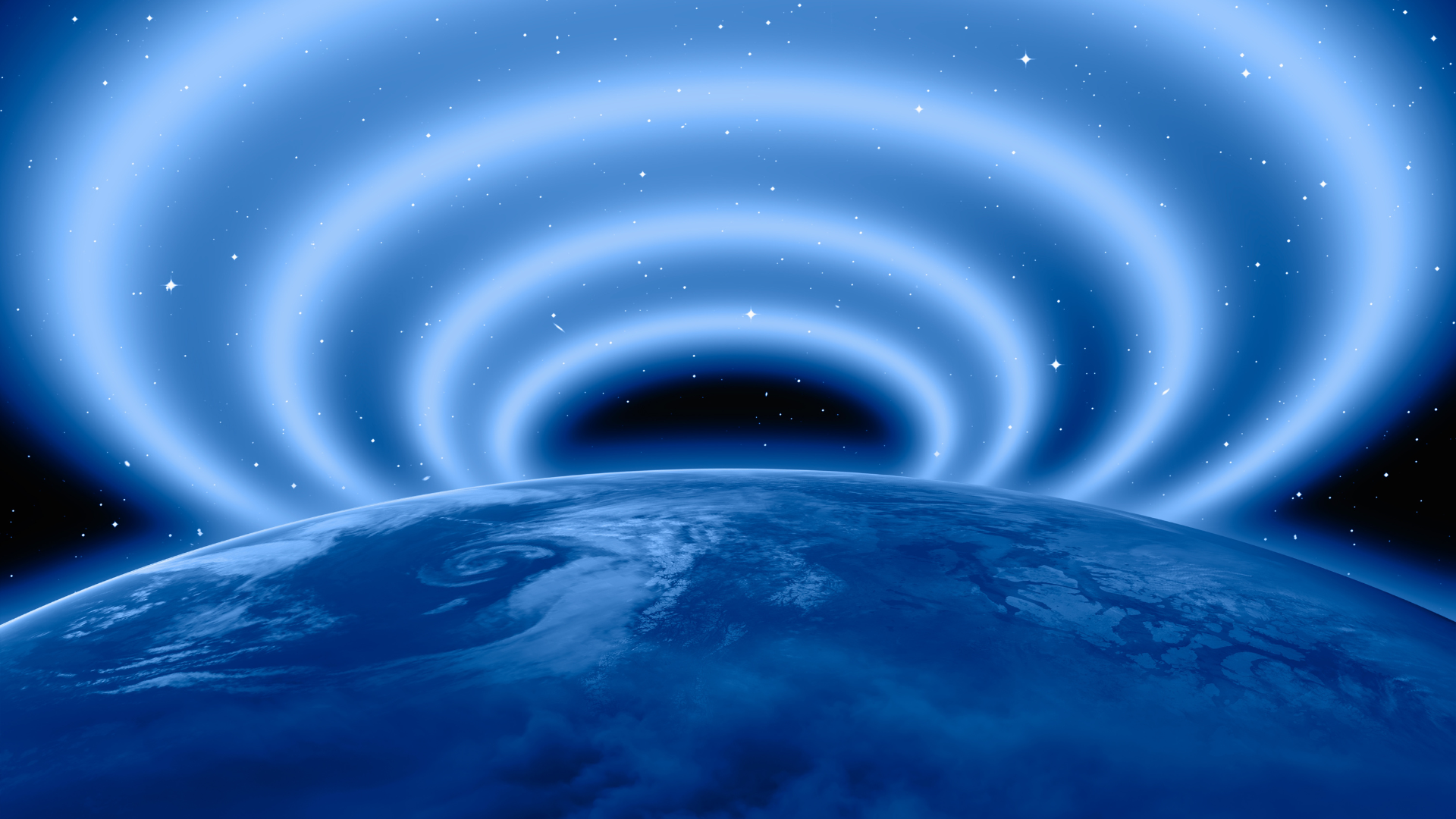 A view of Earth from space with glowing blue concentric rings radiating from behind the planet.