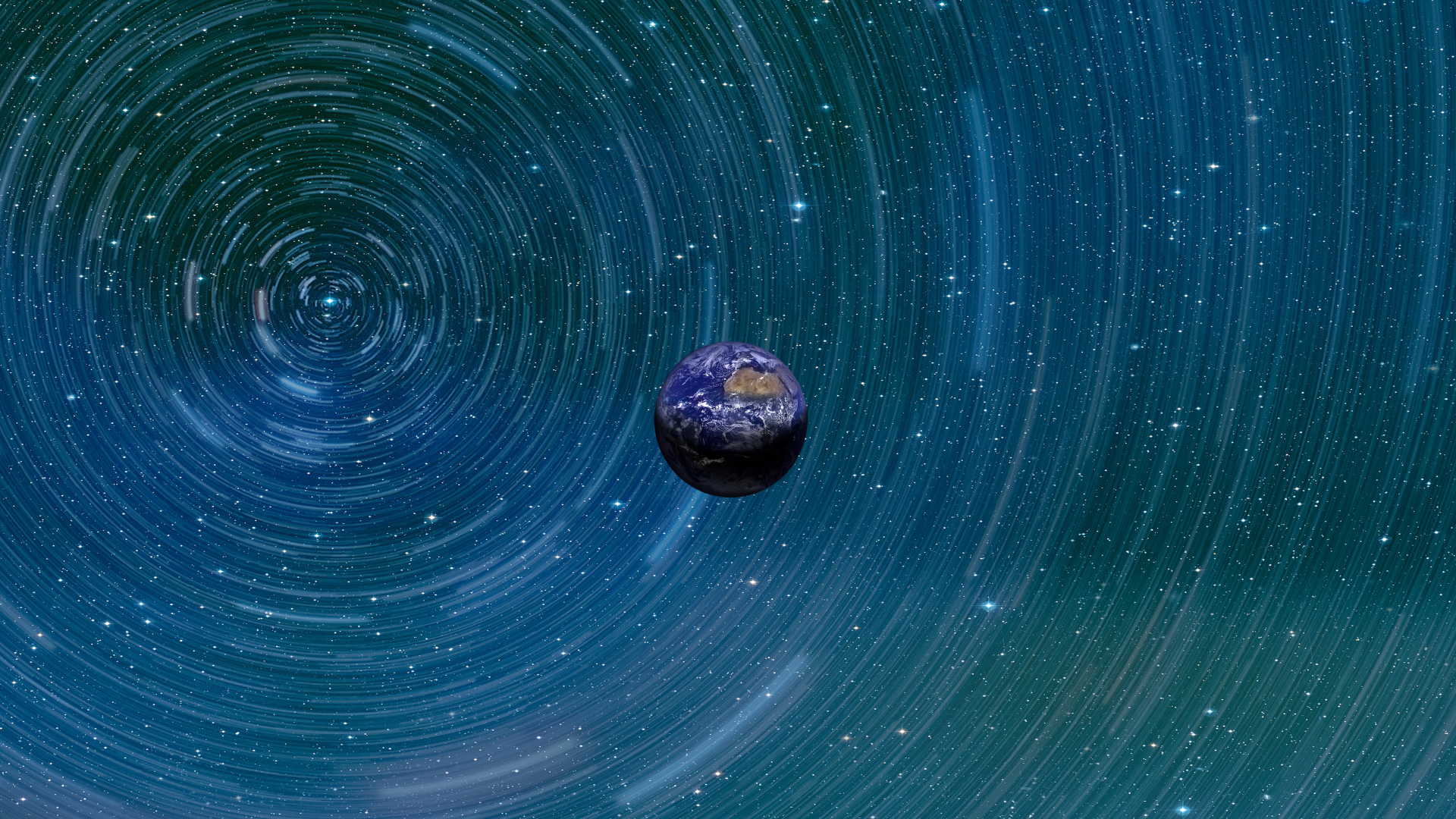 Planet Earth floating in space against a backdrop of circular, glowing star trails.
