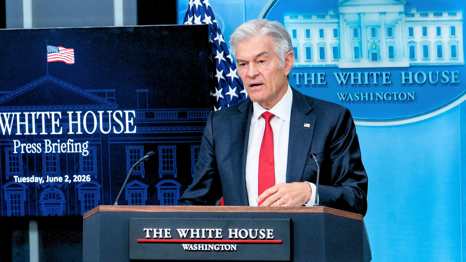 Dr. Mehmet Oz, administrator of the Centers for Medicare & Medicaid Services speaking at a podium to a crowd of reporters during a White House press briefing.