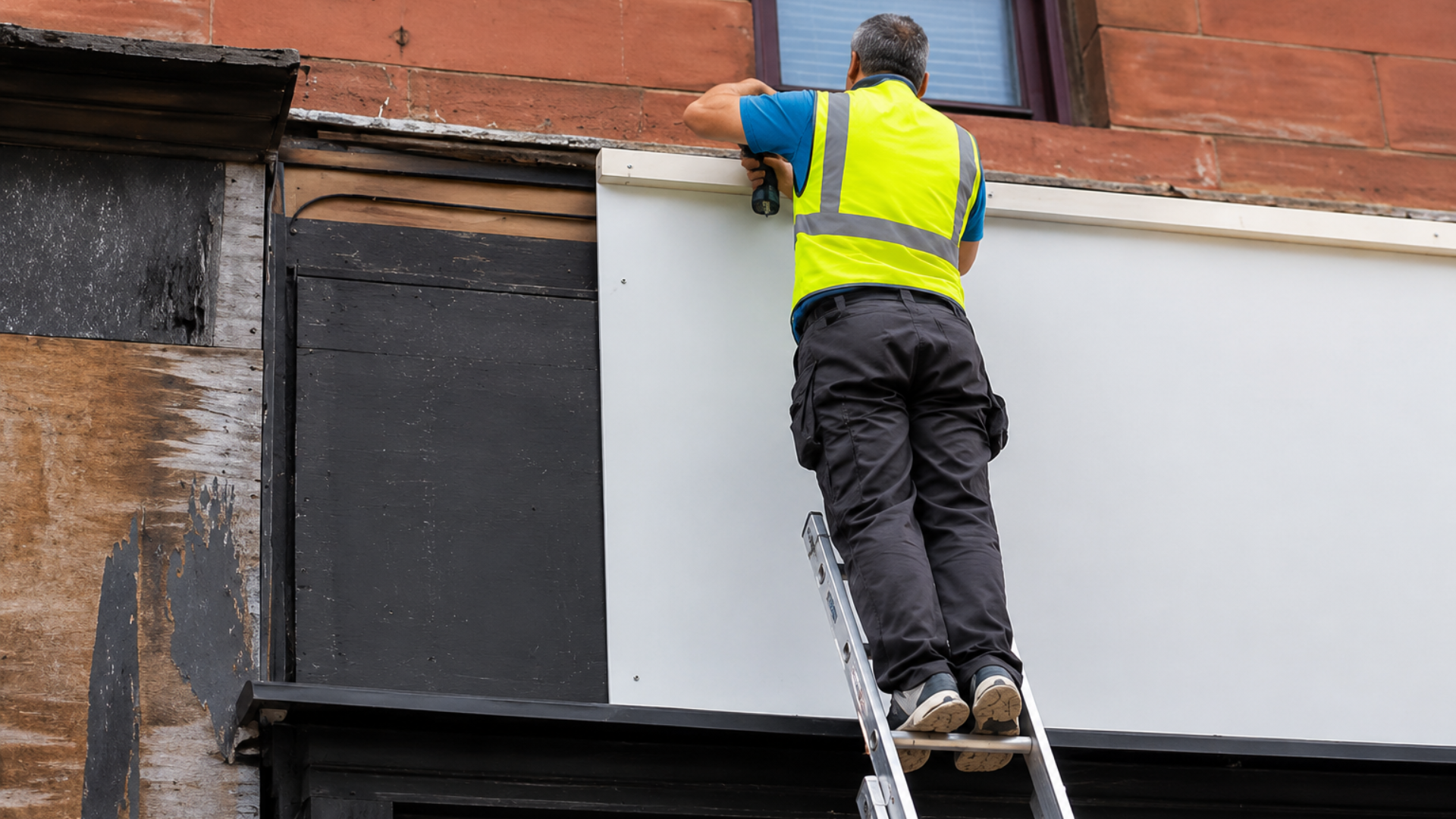 Worker installing a large white sign on a building exterior.