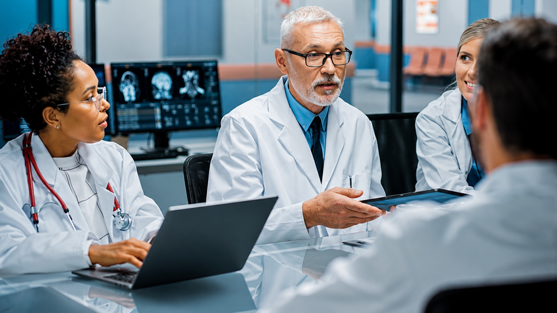 A group of medical professionals wearing lab coats discussing information on a digital tablet in a conference room.