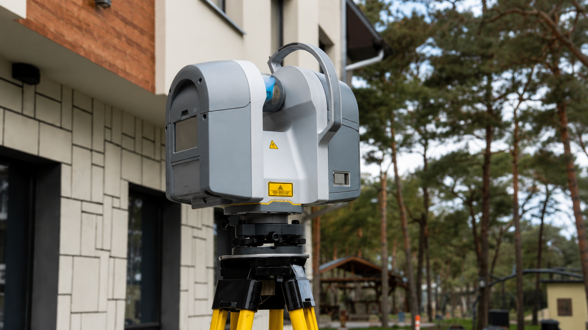 Surveying scanner mounted on a tripod outside a building.