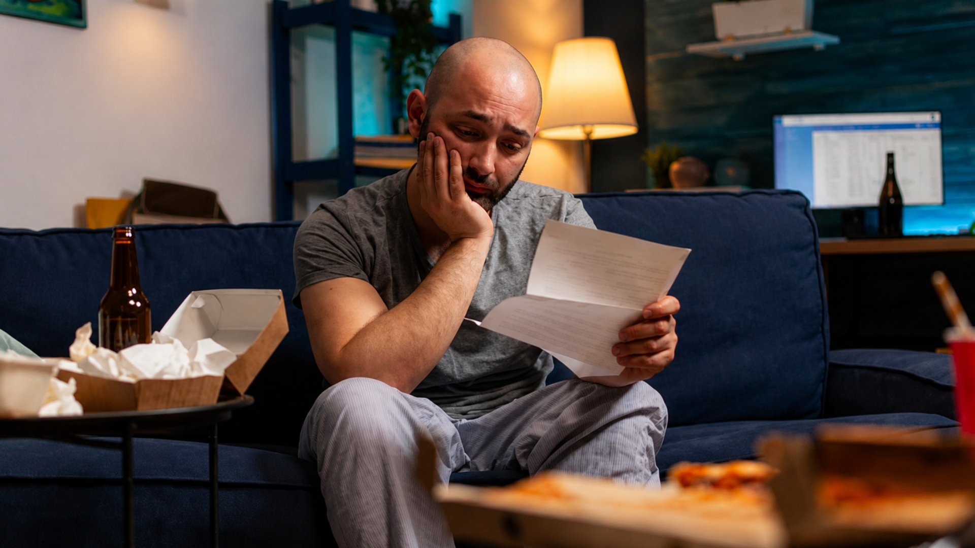 A stressed man sitting on a couch reviewing paperwork.