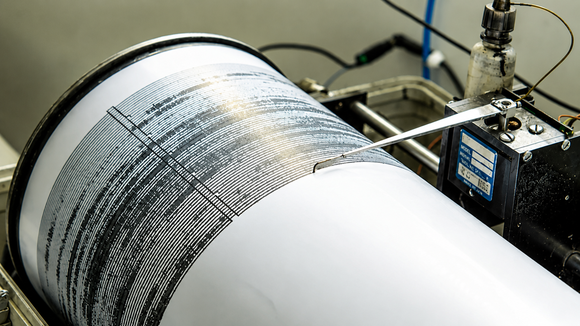 Seismograph recording earthquake activity on a rotating paper drum.