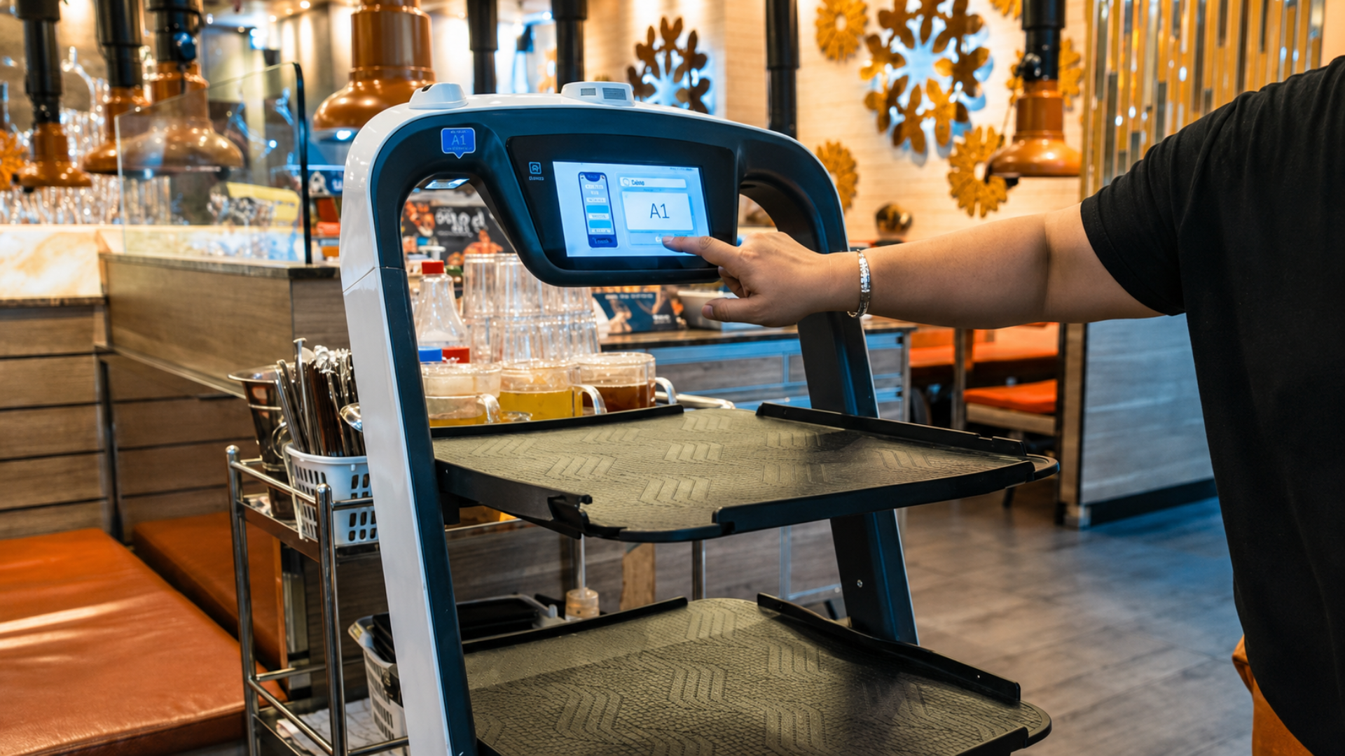 A person's hand operating the touchscreen interface of an automated food service robot inside a restaurant.