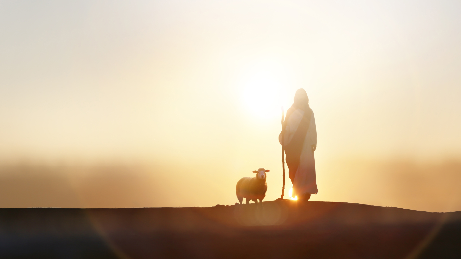A silhouette of a robed figure holding a staff and standing next to a sheep against a bright, golden sunrise.