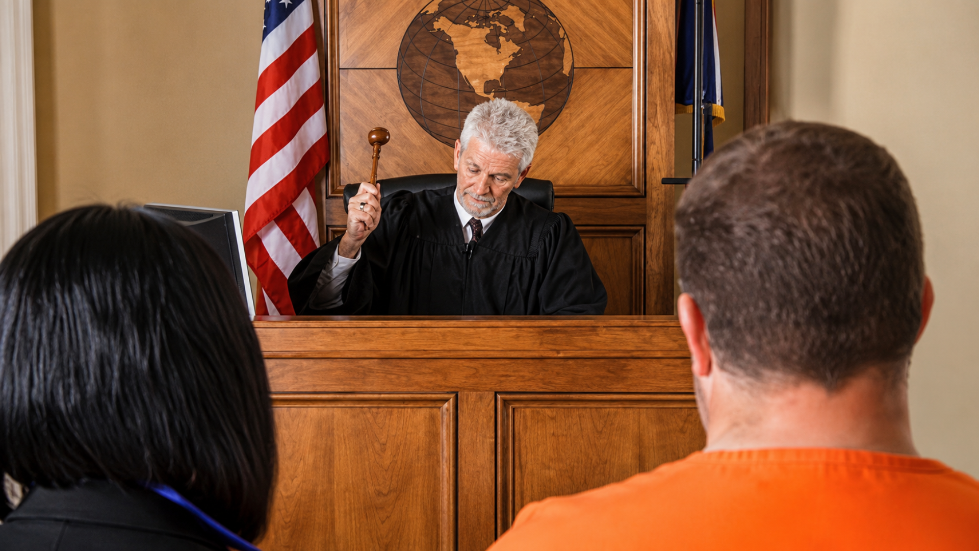 Judge holding a gavel during a courtroom hearing.