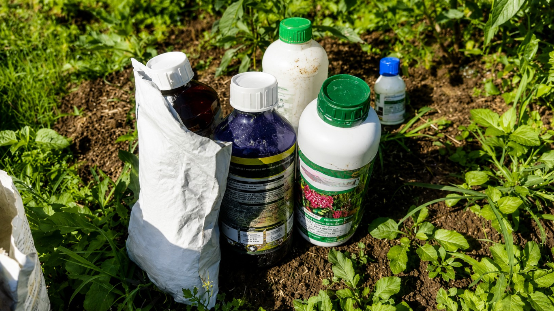 Various plastic bottles and containers of agricultural chemicals and pesticides sitting on the ground in a garden.