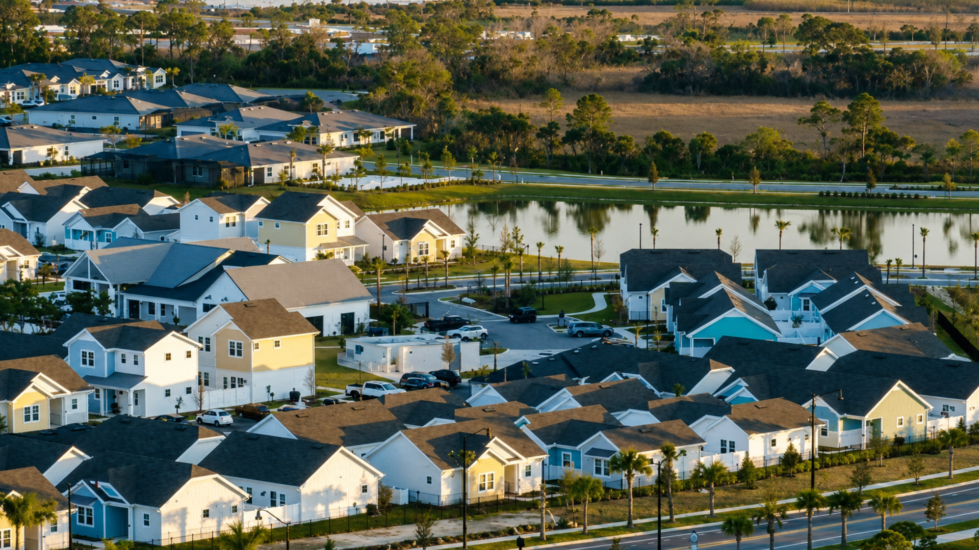 An aerial view of a modern suburban neighborhood with colorful houses next to a pond.