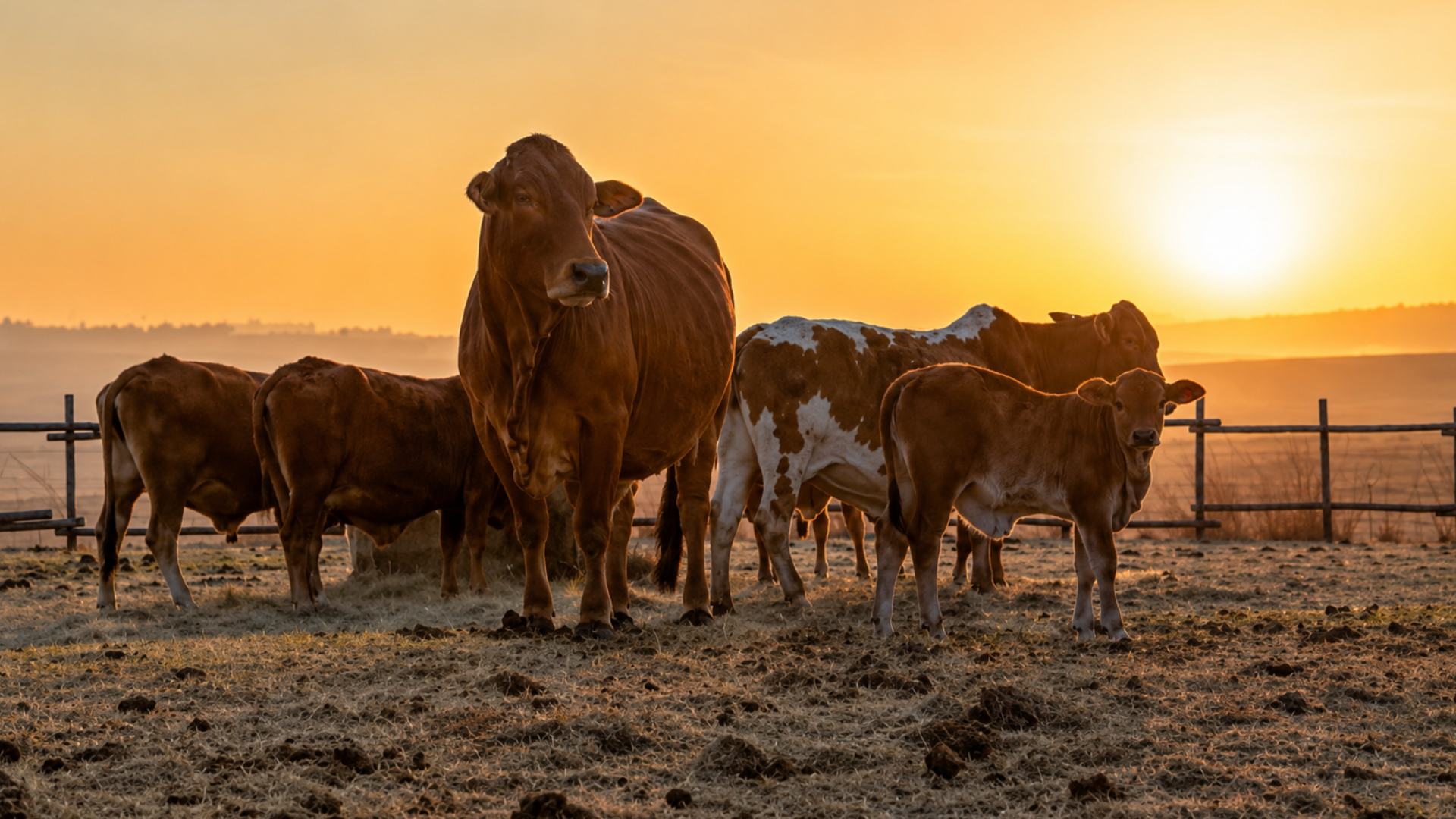 A herd of cattle and calves standing in a fenced pasture field during a golden sunrise.