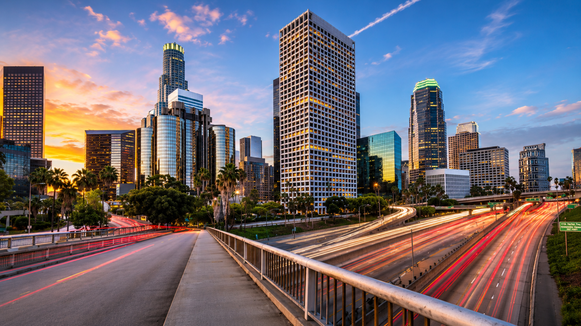 Downtown Los Angeles skyline and freeway traffic at sunset.