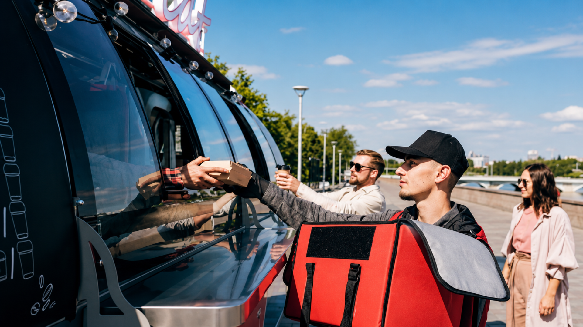 A delivery courier with a red thermal backpack picking up a takeout order from a modern food truck window.
