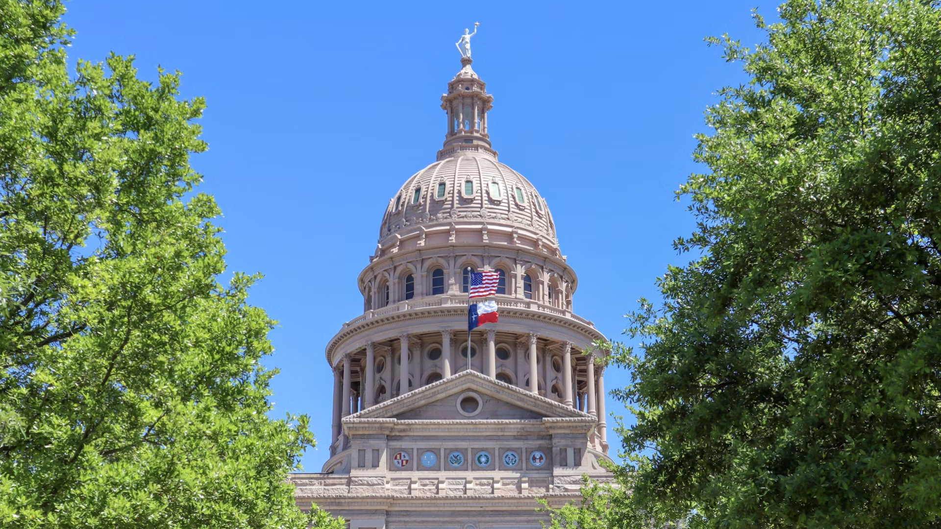 The dome of the Texas State Capitol building framed by green trees under a bright blue sky.