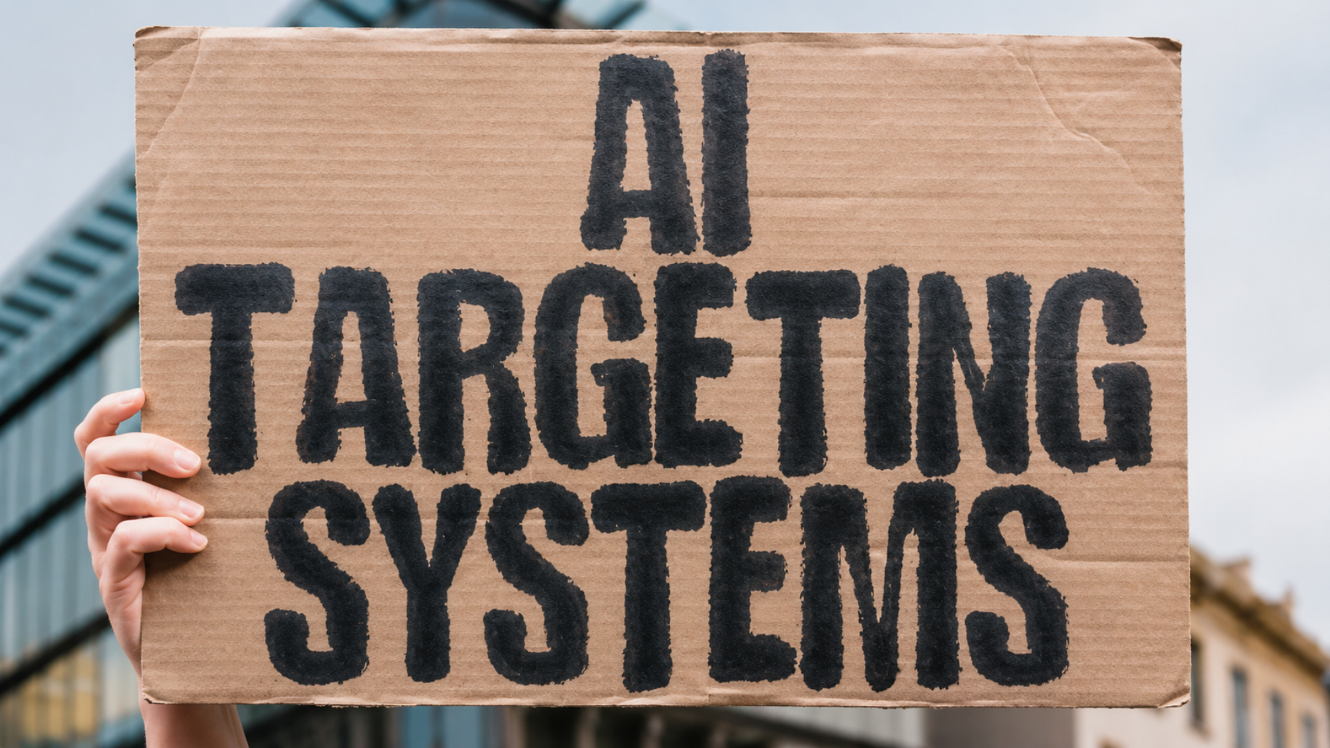 Person holding a cardboard sign reading “AI Targeting Systems.”