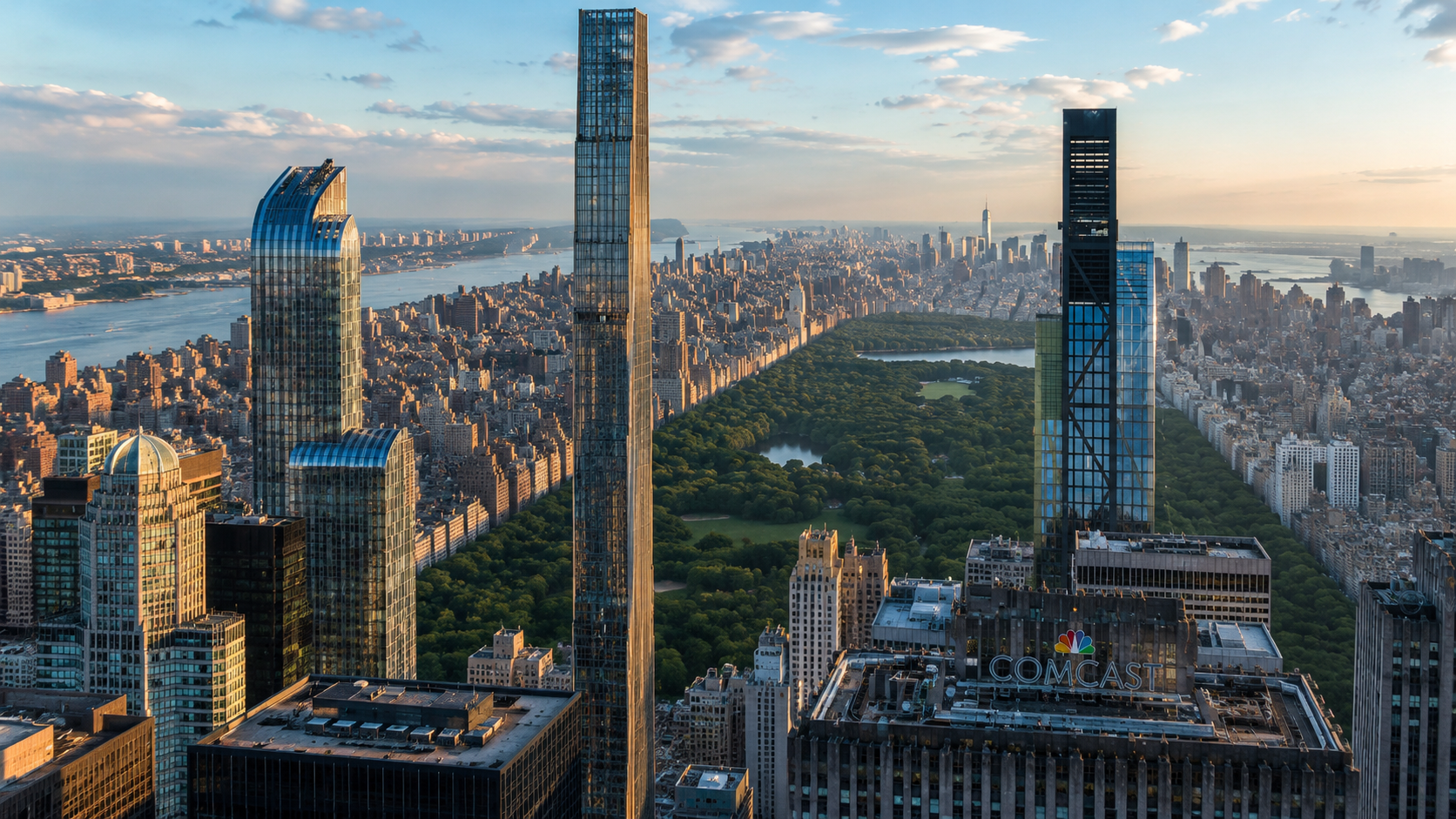 New York City skyline with skyscrapers along Central Park.