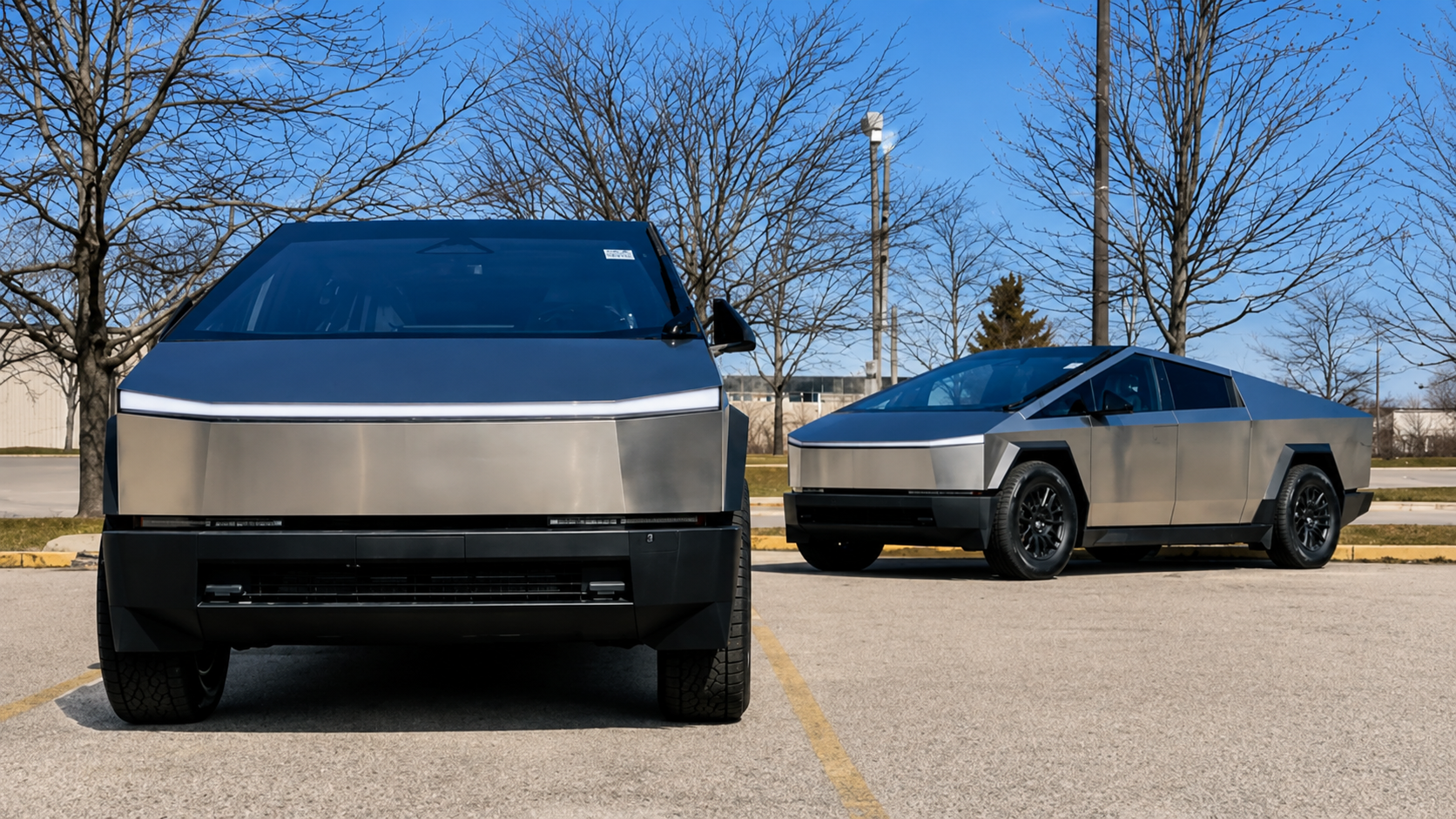 Two silver Tesla Cybertrucks parked in an open lot on a clear day with bare trees in the background.