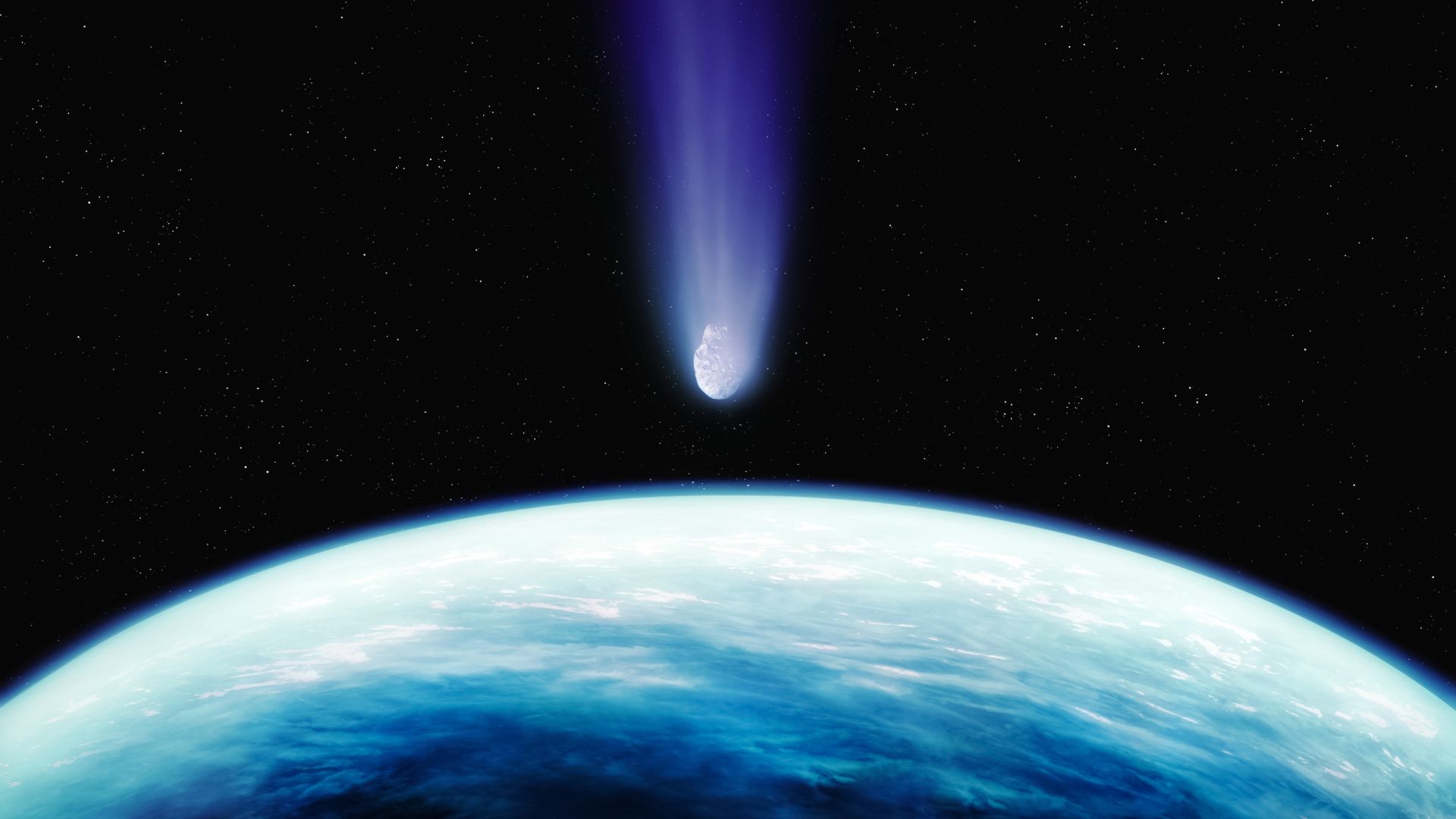 Picture of a blue comet falling down to planet earth.