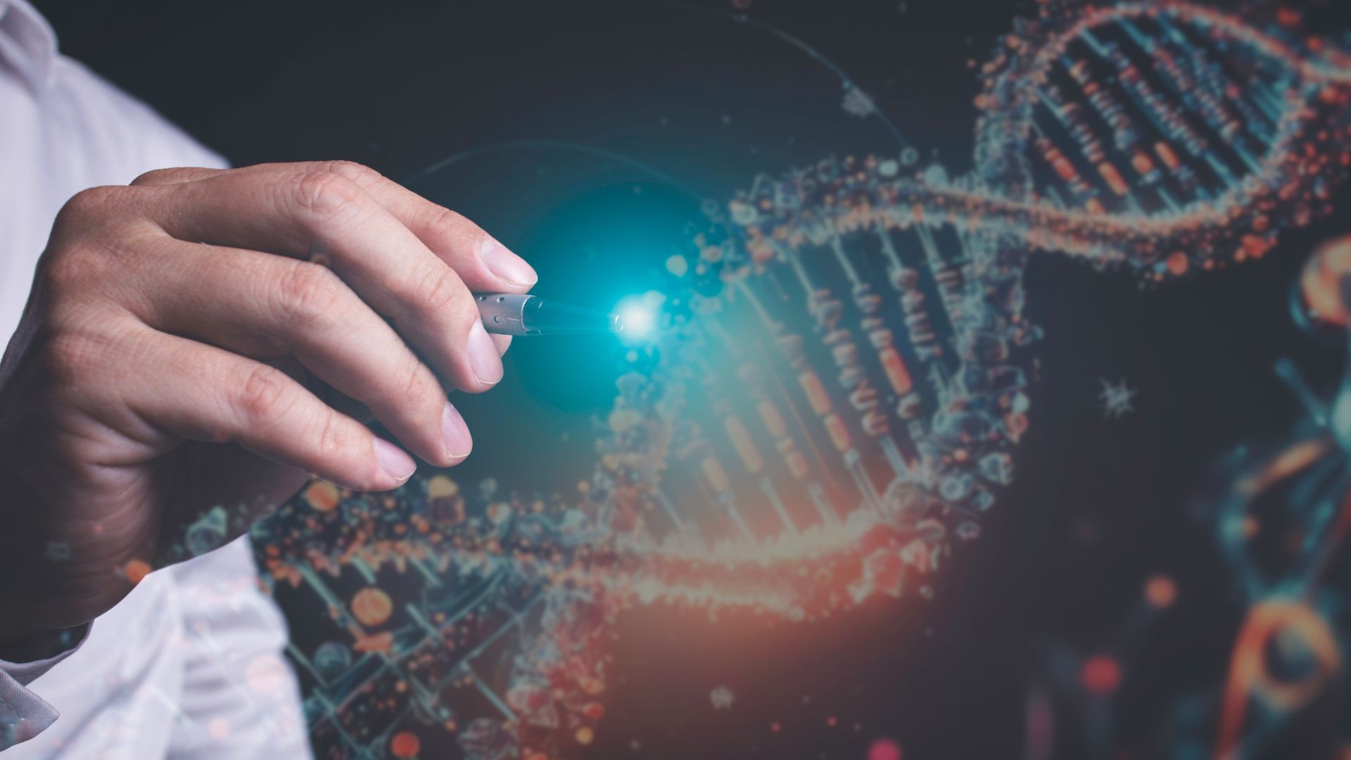Close up of a doctor's hand pointing at an illustrated DNA strand with a medical pointer.