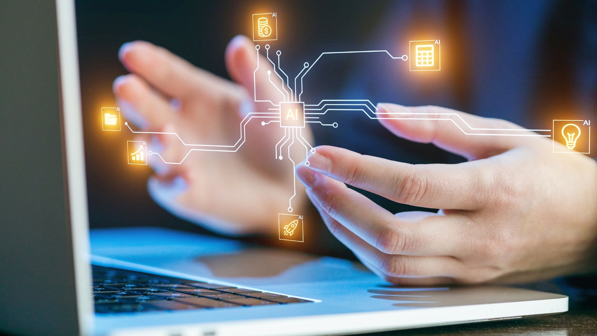 A close-up of a man typing on a computer as branching digital lines display various tech icons.