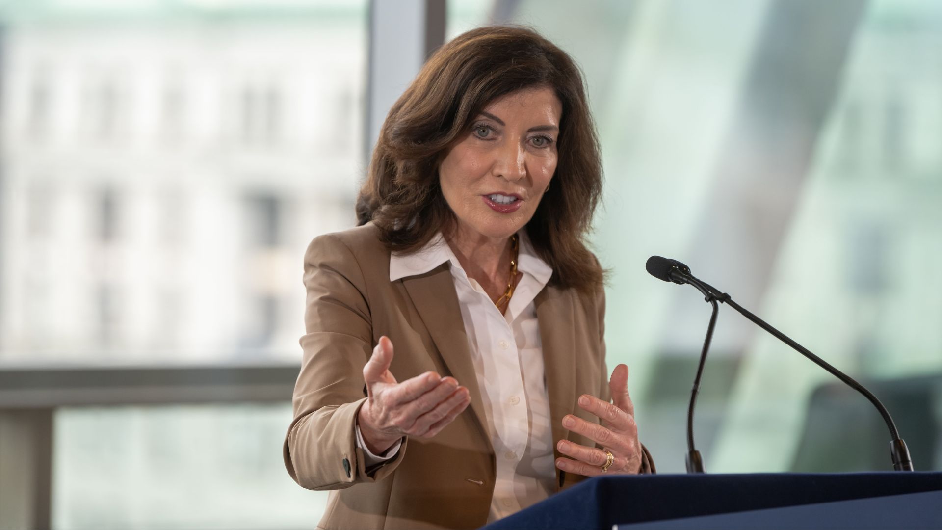 Governor Kathy Hochul gesturing while speaking at podium.