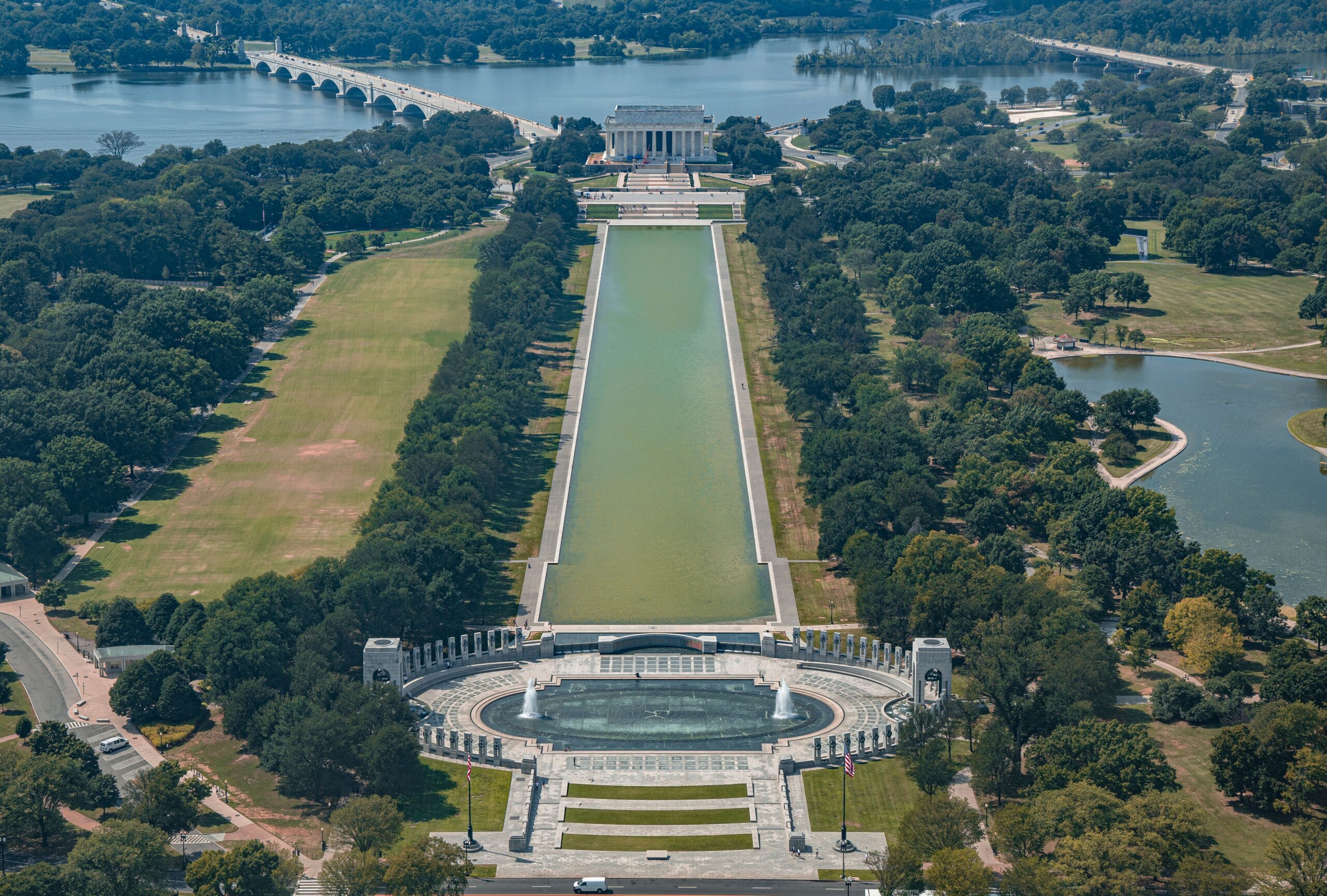Aerial view of the Lincoln Memorial Reflecting Pool and surrounding National Mall in Washington, D.C.